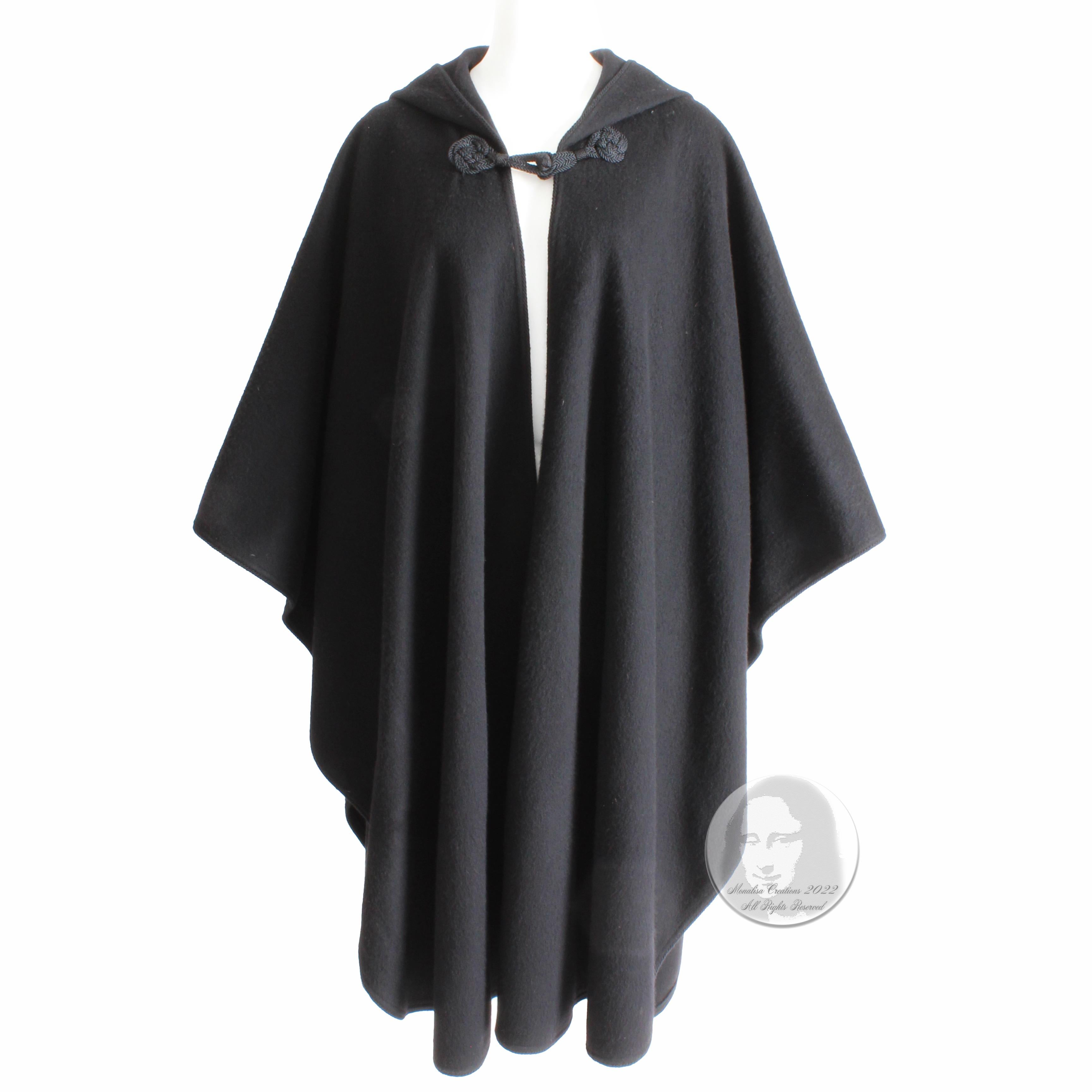 Authentic, preowned, vintage Yves Saint Laurent Rive Gauche Cape with Hood, from the 70s Ballet Russes collection (aka the Russian collection).  Made from what we believe is a cashmere/wool blend (no content label), it's trimmed in silky black