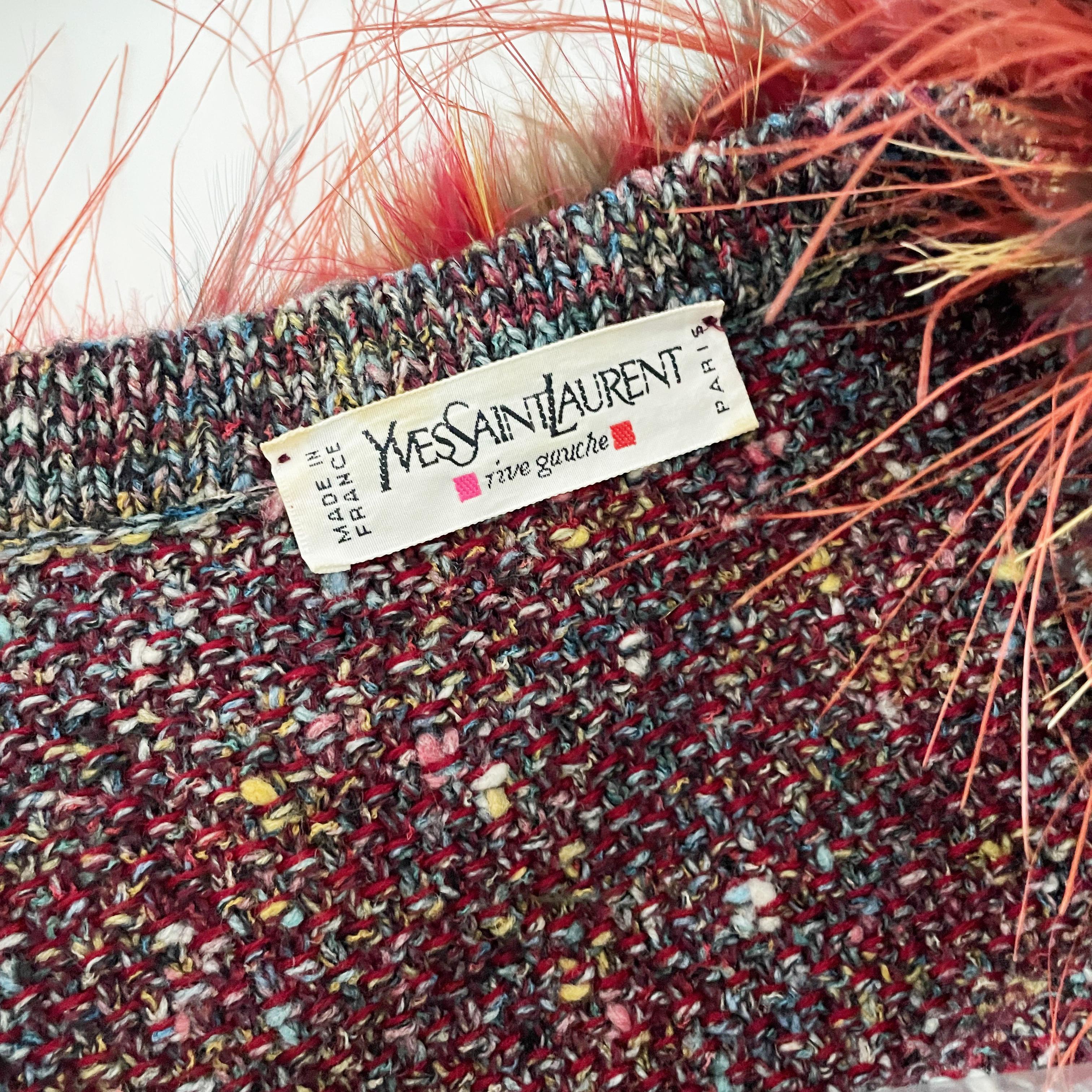 Yves Saint Laurent Cardigan Colorful Knit Feather Trim 90s YSL Rive Gauche Sz 38 For Sale 8