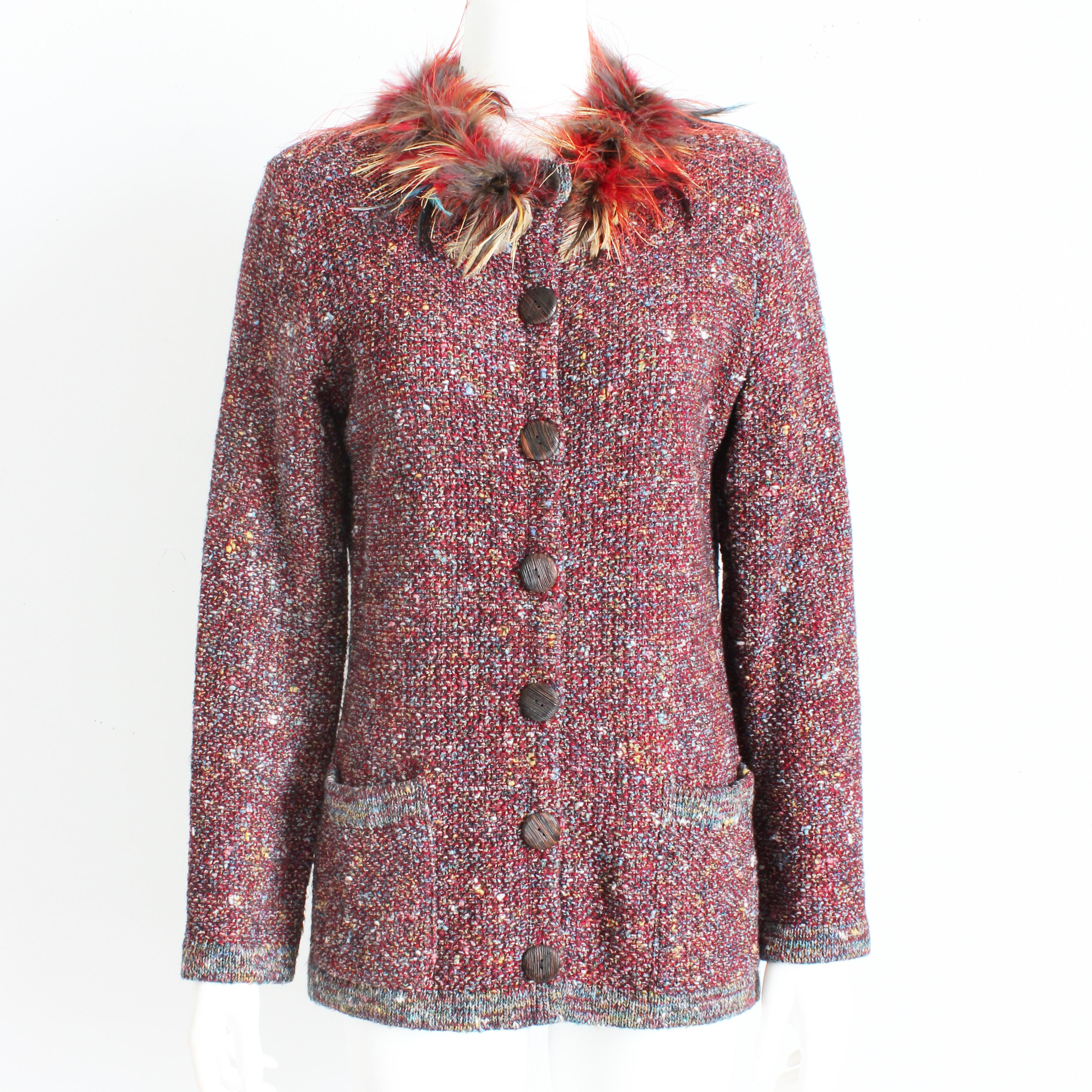Impossible to find vintage 90s Yves Saint Laurent Rive Gauche multicolor knit cardigan jacket with Marabou feather collar, size 38.  As seen on the runway.  Made from alpaca wool blend knit, it fastens with wooden buttons and features contrasting