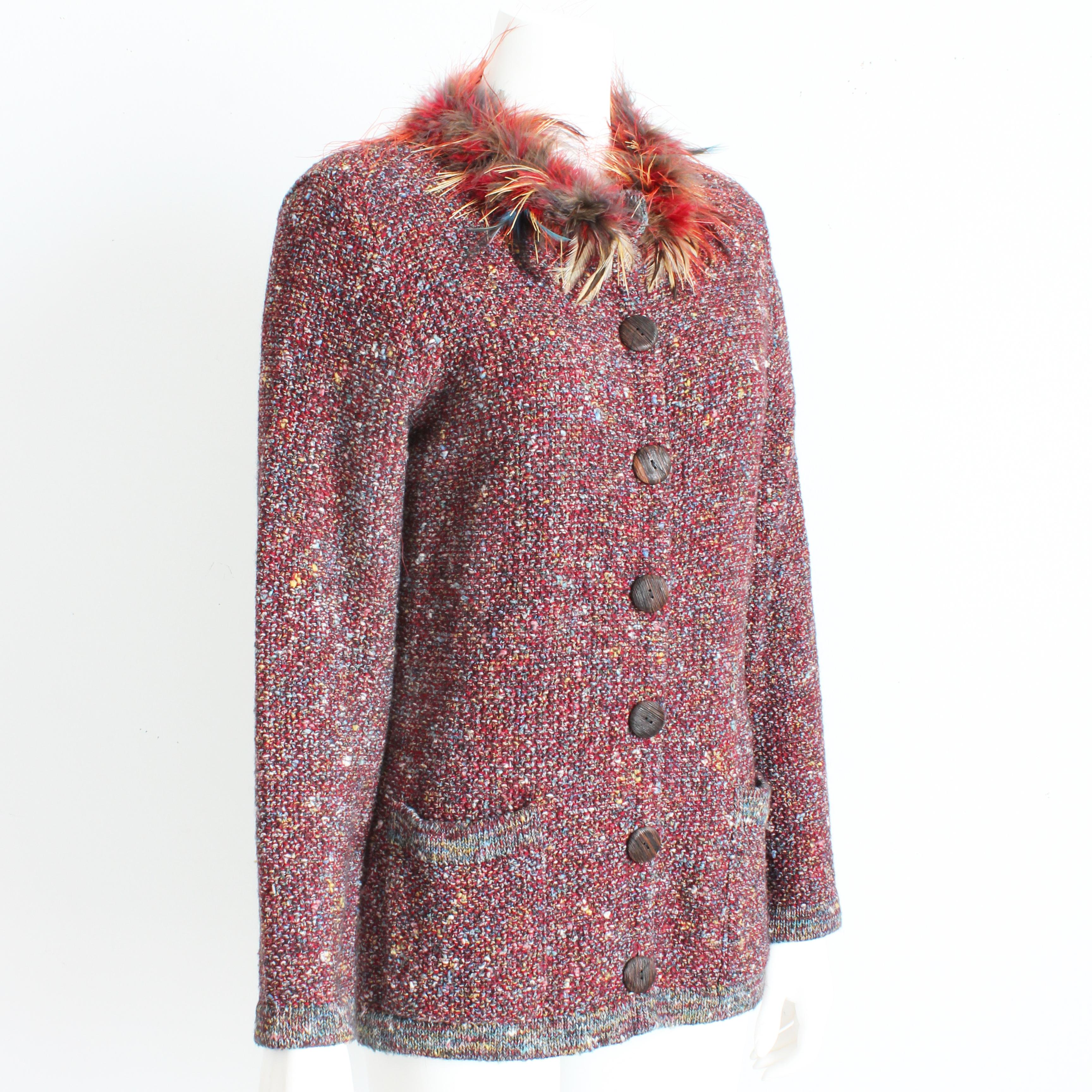 Yves Saint Laurent Cardigan Colorful Knit Feather Trim 90s YSL Rive Gauche Sz 38 For Sale 1