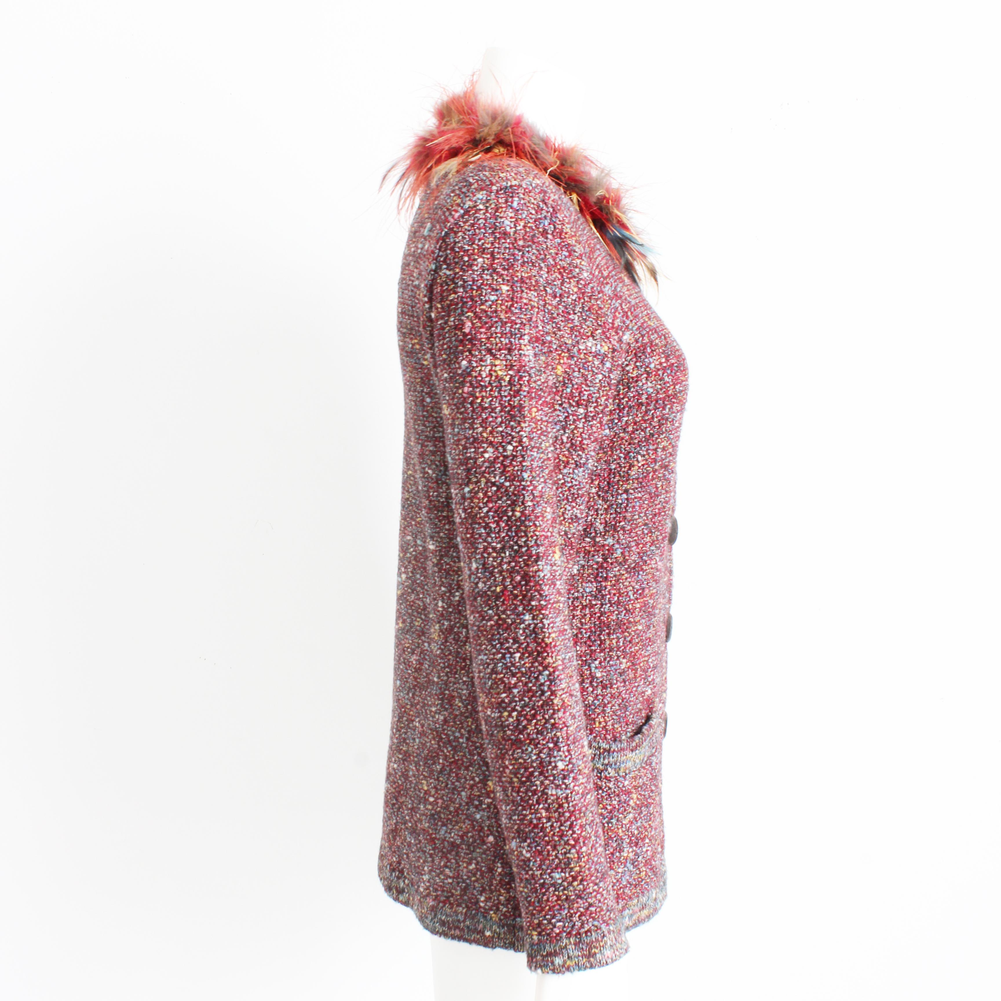 Yves Saint Laurent Cardigan Colorful Knit Feather Trim 90s YSL Rive Gauche Sz 38 For Sale 3