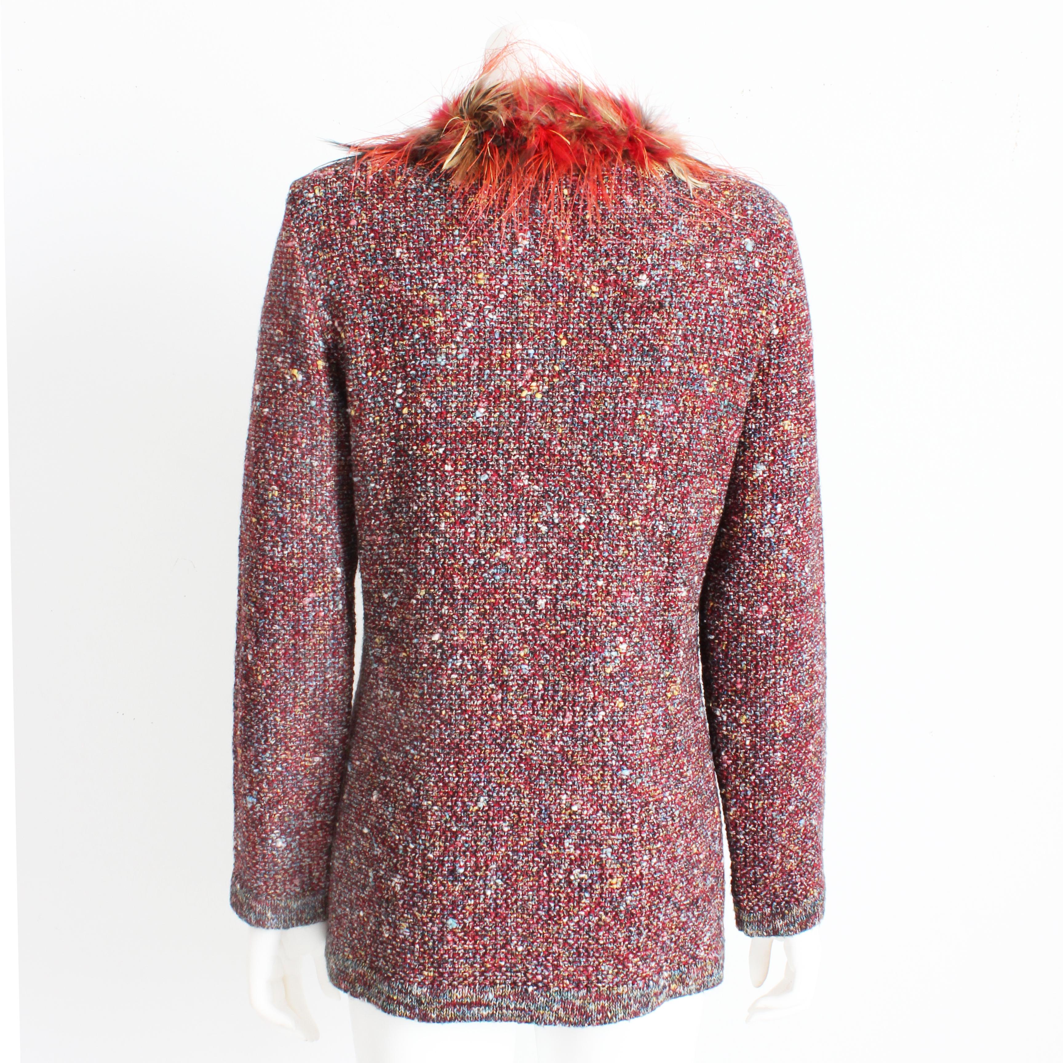Yves Saint Laurent Cardigan Colorful Knit Feather Trim 90s YSL Rive Gauche Sz 38 For Sale 4