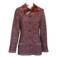 Yves Saint Laurent Strickjacke mit Federbesatz und buntem Strick, 90er Jahre YSL Rive Gauche Gr. 38