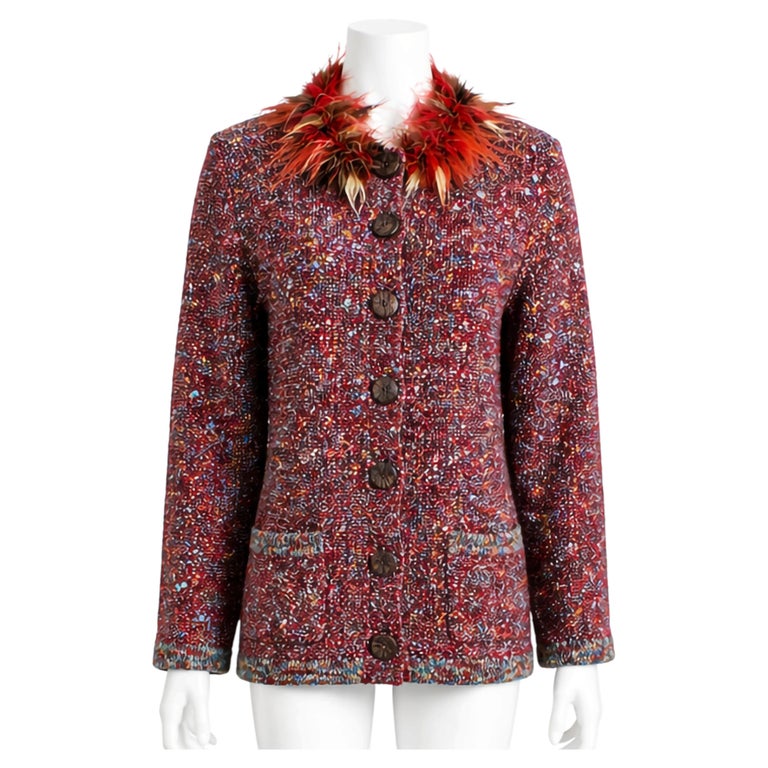 Yves Saint Laurent Cardigan Colorful Knit Feather Trim 90s YSL 