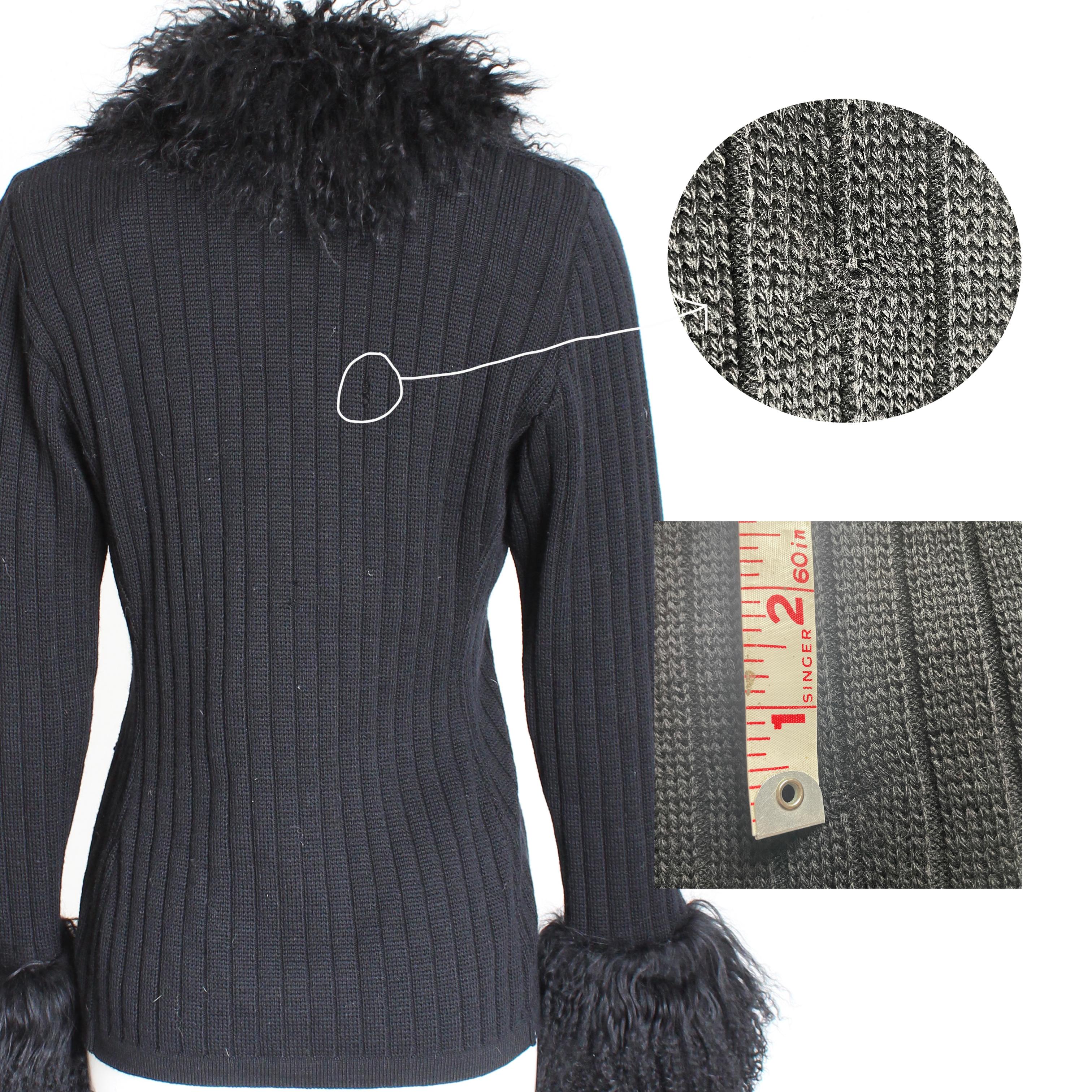 Yves Saint Laurent Cardigan with Mongolian Lamb Fur Trim Black Wool Vintage 70s 7