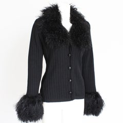 Yves Saint Laurent Cardigan with Mongolian Lamb Fur Trim Black Wool Vintage 70s