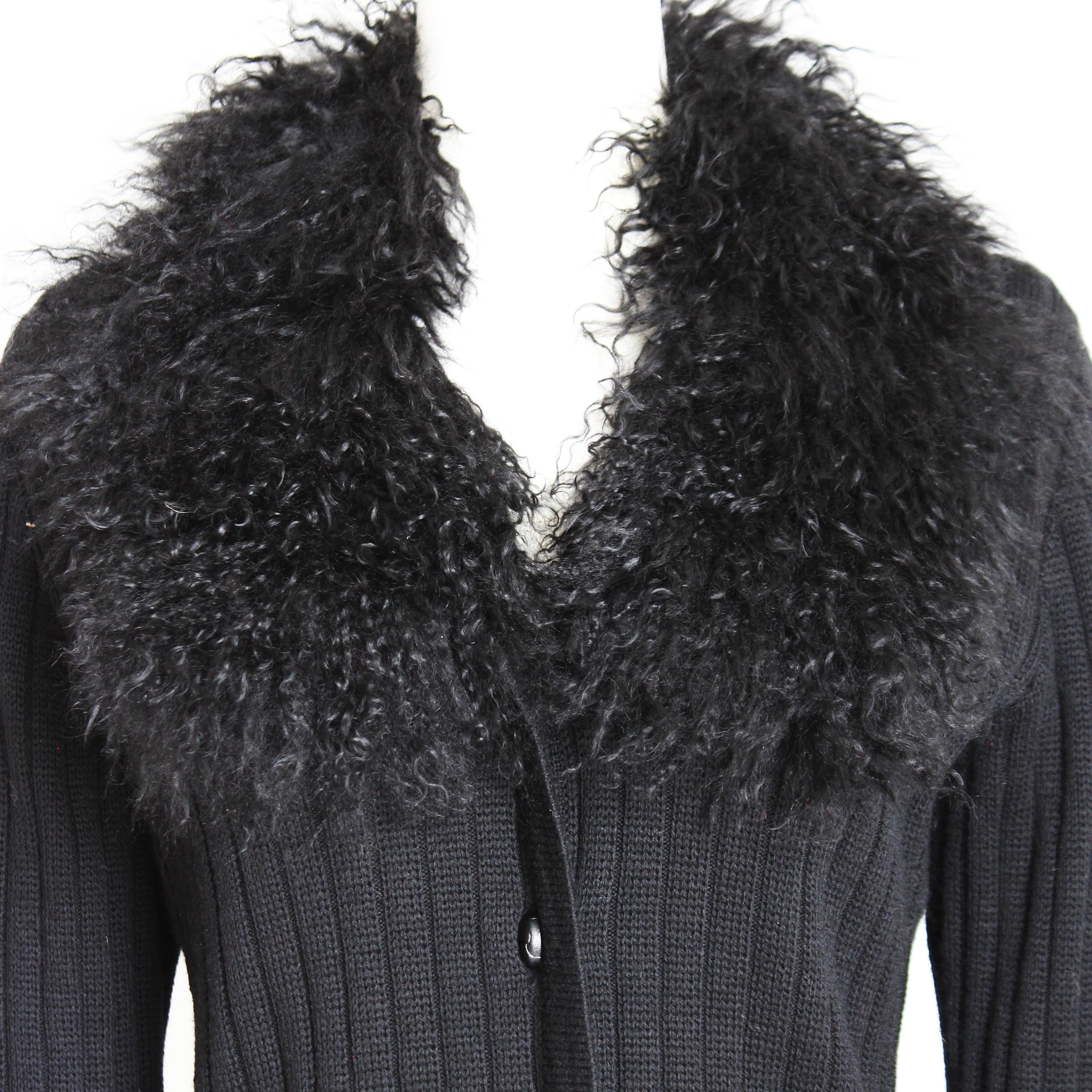 Yves Saint Laurent Cardigan with Mongolian Lamb Fur Trim Black Wool Vintage 70s In Good Condition In Port Saint Lucie, FL