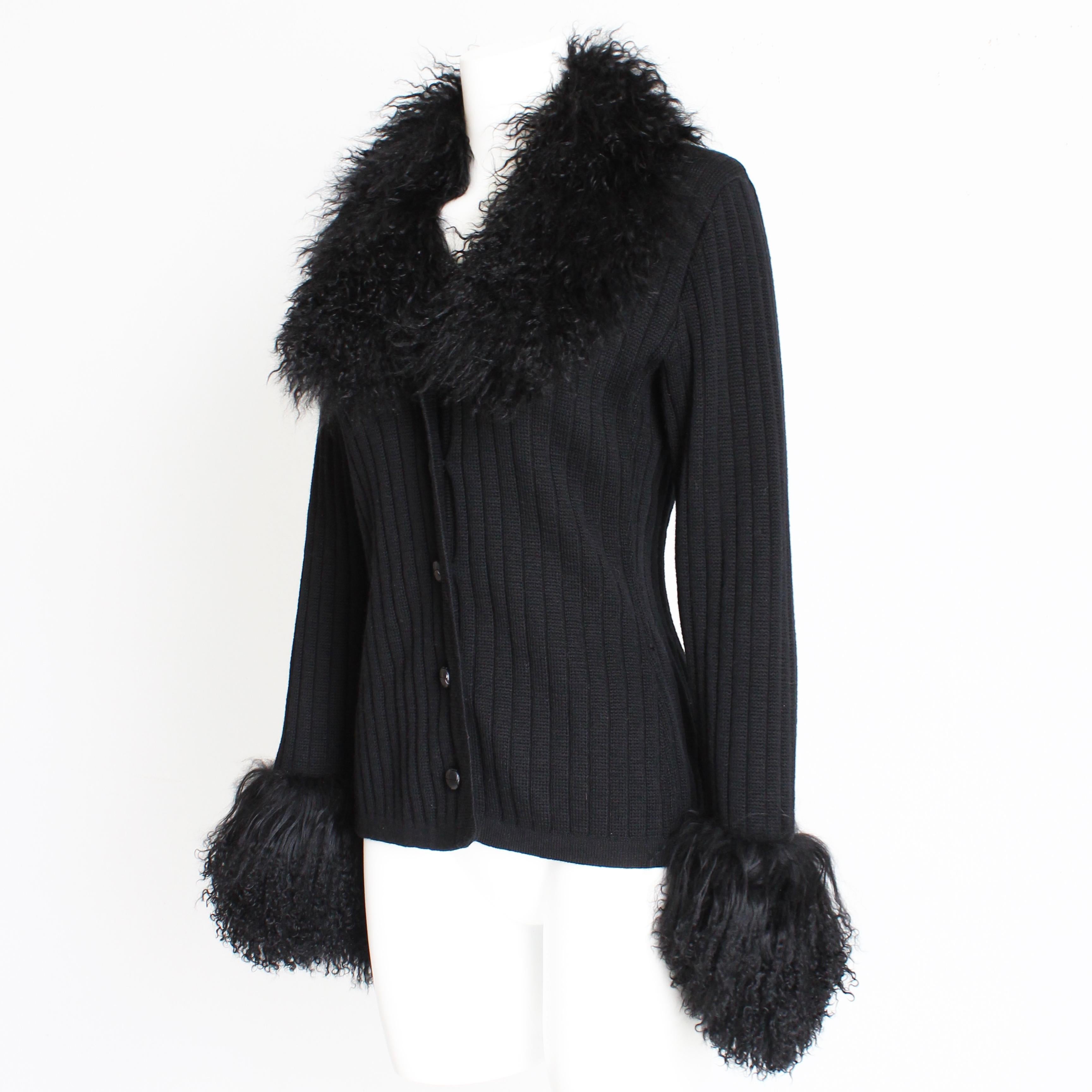 Yves Saint Laurent Cardigan with Mongolian Lamb Fur Trim Black Wool Vintage 70s 1