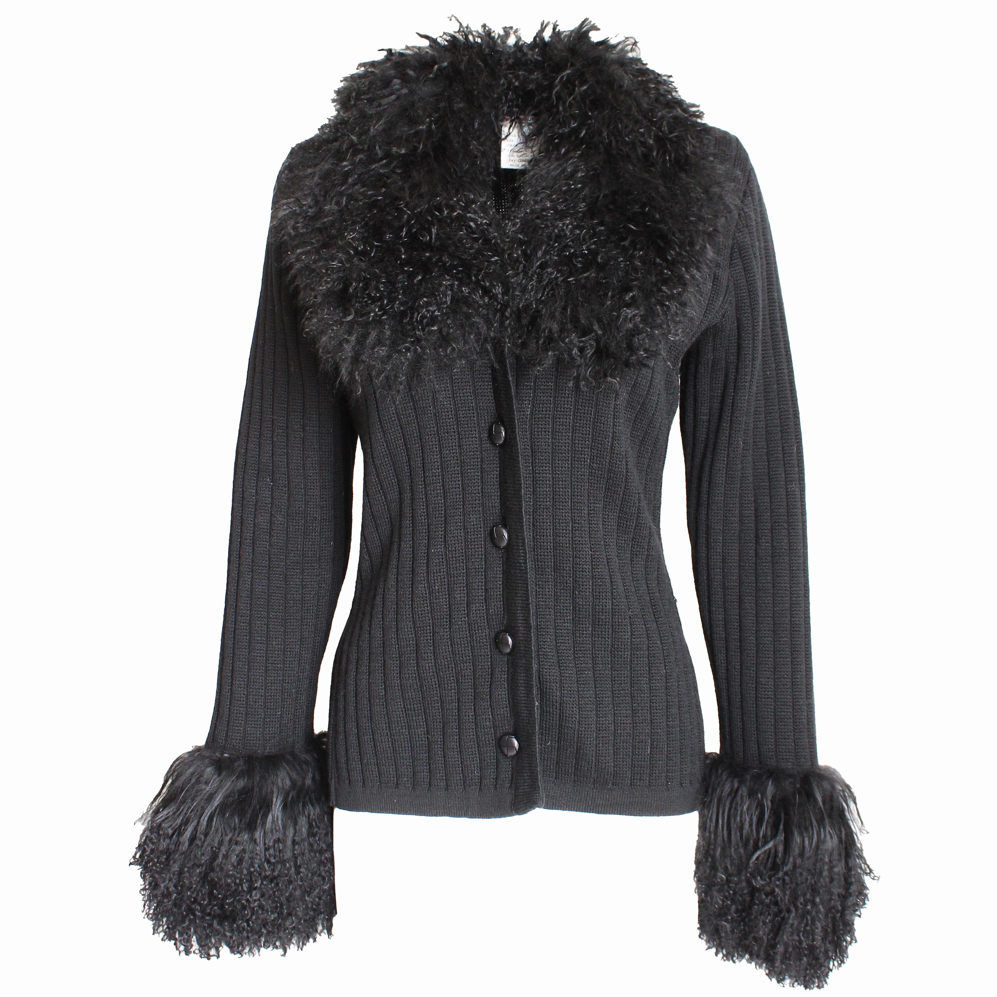 Yves Saint Laurent Cardigan with Mongolian Lamb Fur Trim Black Wool Vintage 70s 2
