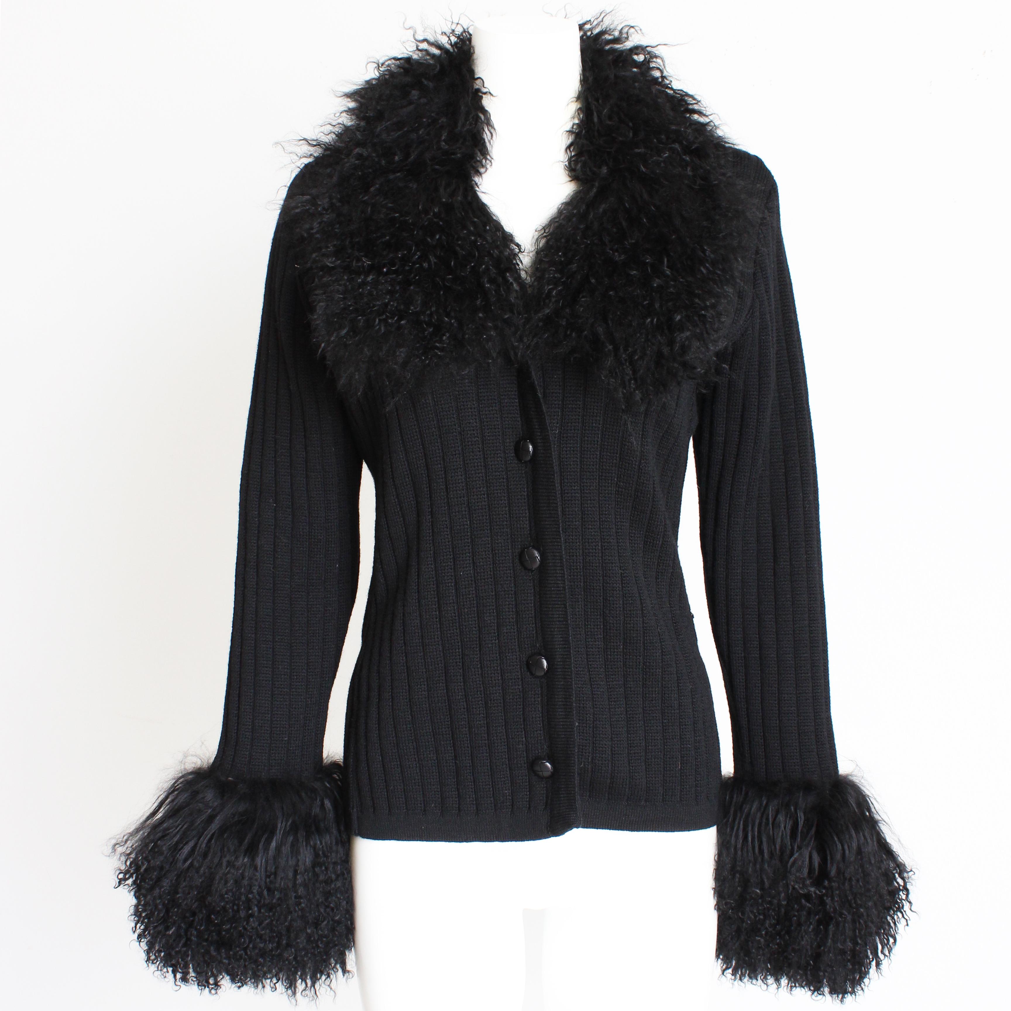 Yves Saint Laurent Cardigan with Mongolian Lamb Fur Trim Black Wool Vintage 70s 3