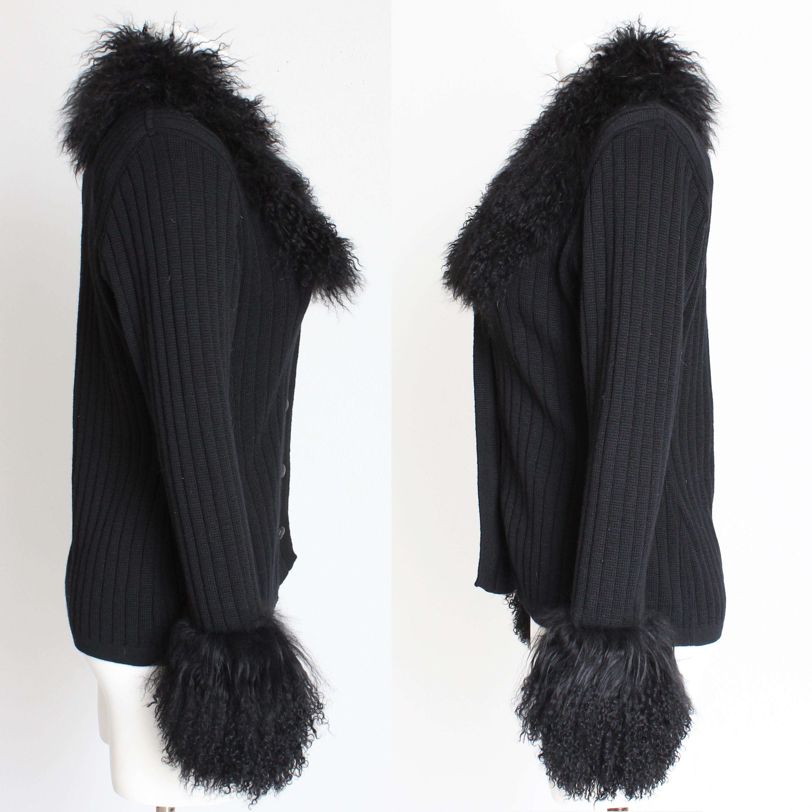 Yves Saint Laurent Cardigan with Mongolian Lamb Fur Trim Black Wool Vintage 70s 4