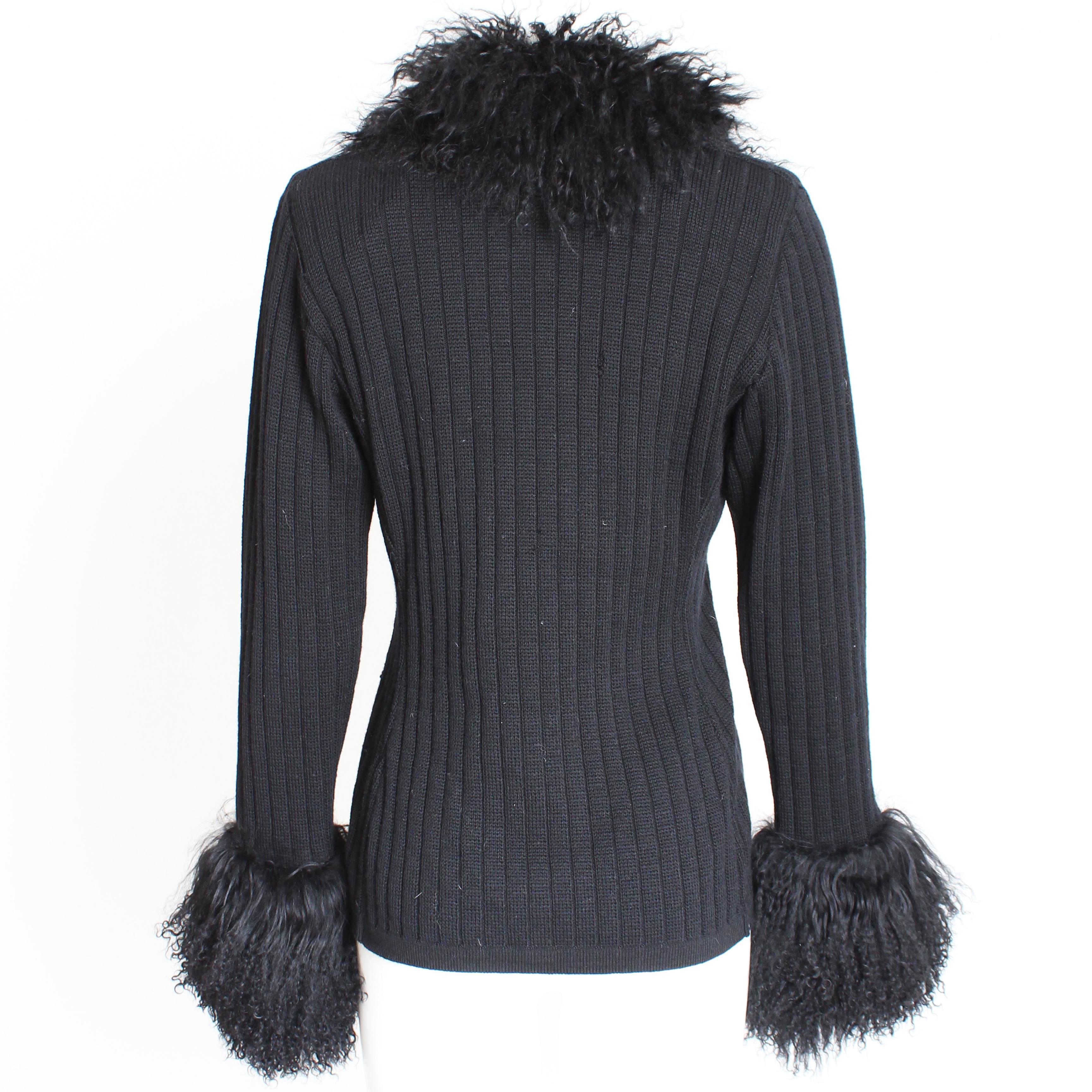 Yves Saint Laurent Cardigan with Mongolian Lamb Fur Trim Black Wool Vintage 70s 5
