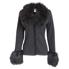 Yves Saint Laurent Cardigan with Mongolian Lamb Fur Trim Black Wool Vintage 70s