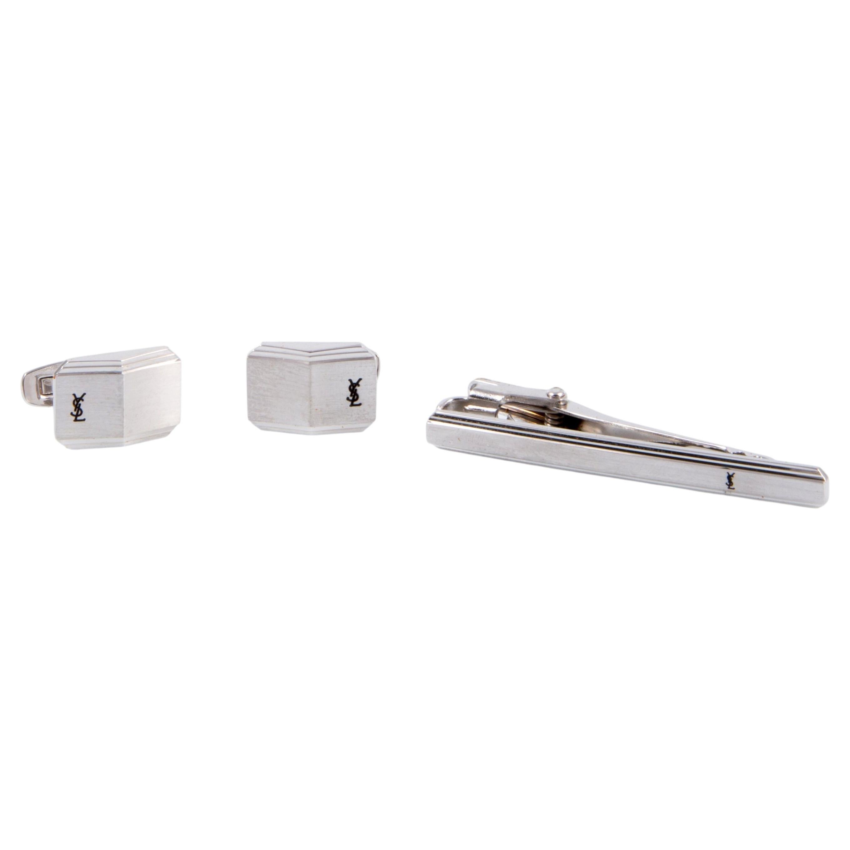 Yves Saint Laurent Cassandre YSL logo Tie Clip And Cufflinks Set For Sale