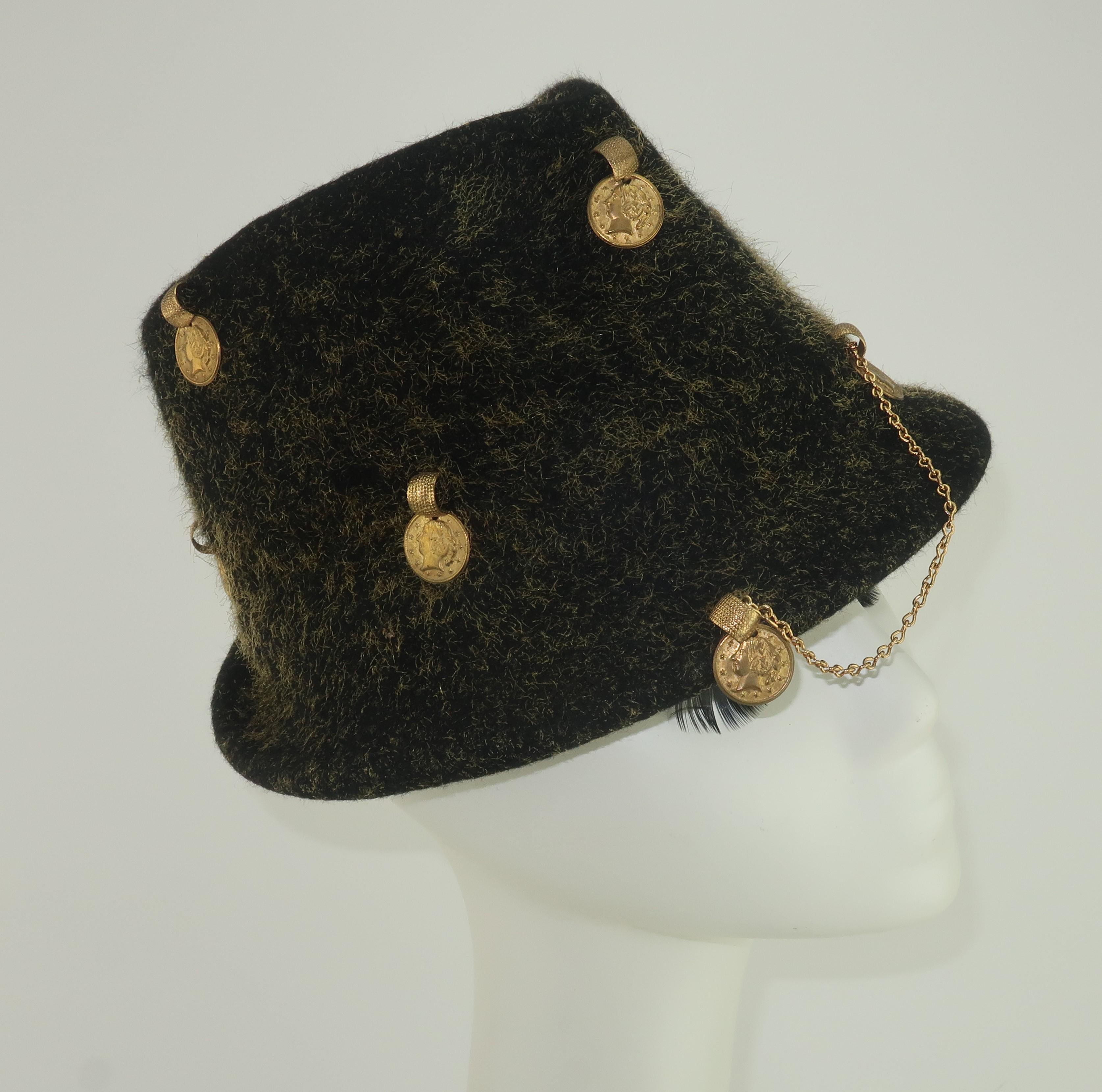 Yves Saint Laurent Charcoal Gray Trilby Hat With Gold Coins, 1960's In Good Condition In Atlanta, GA