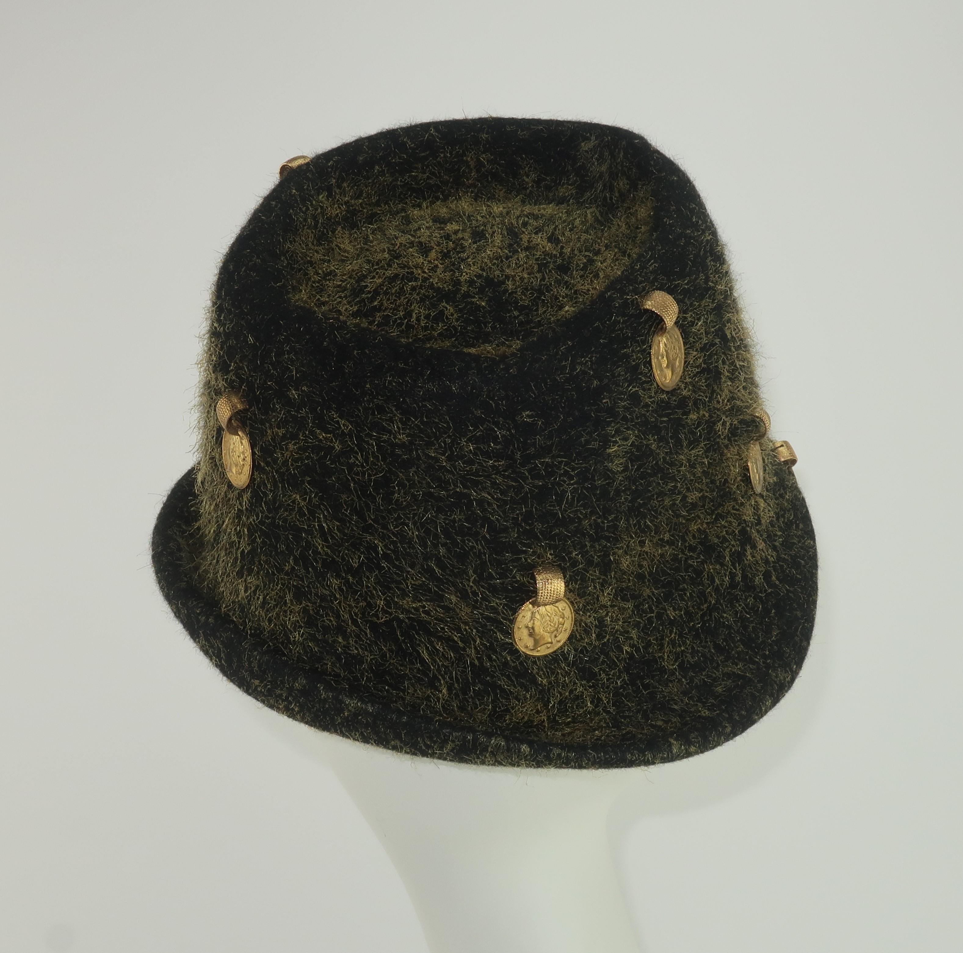Women's Yves Saint Laurent Charcoal Gray Trilby Hat With Gold Coins, 1960's