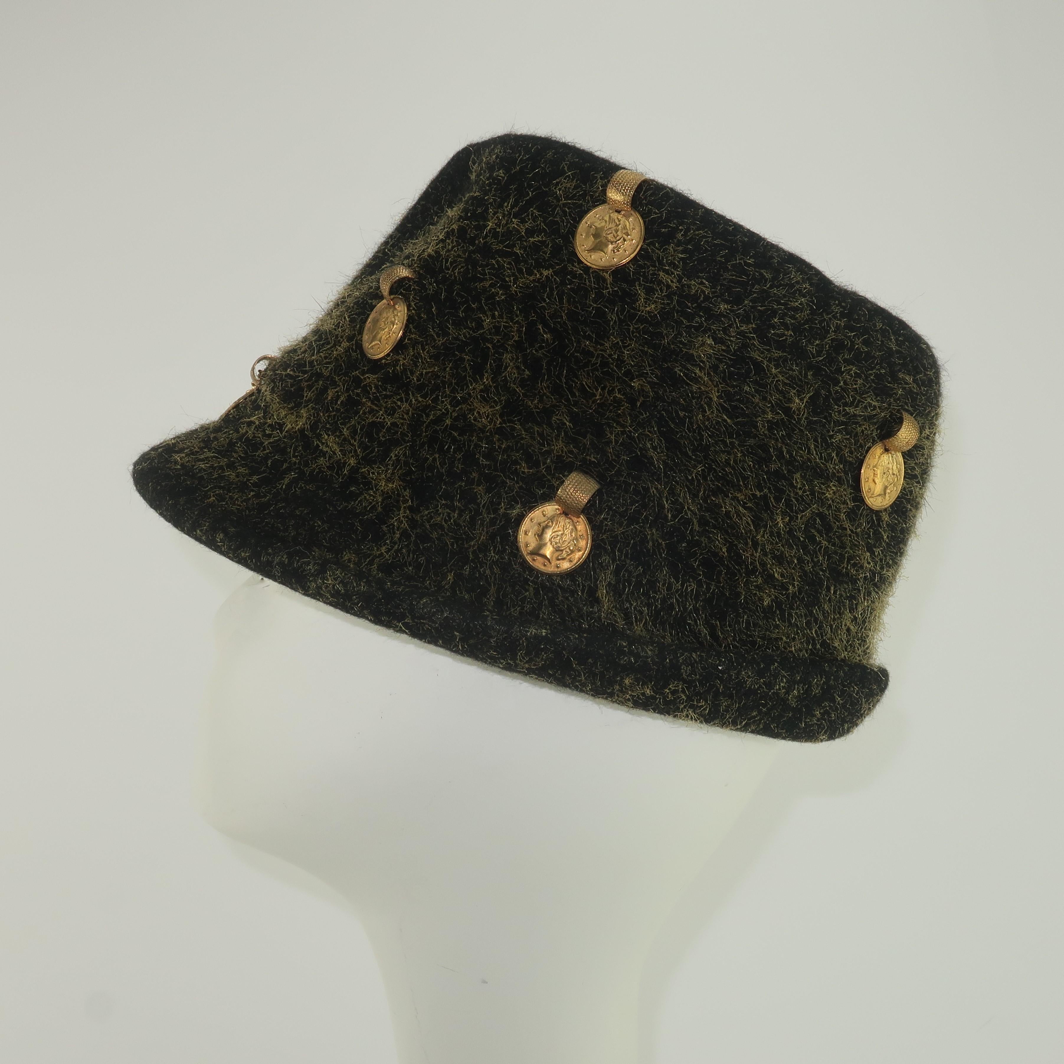 Yves Saint Laurent Charcoal Gray Trilby Hat With Gold Coins, 1960's 1