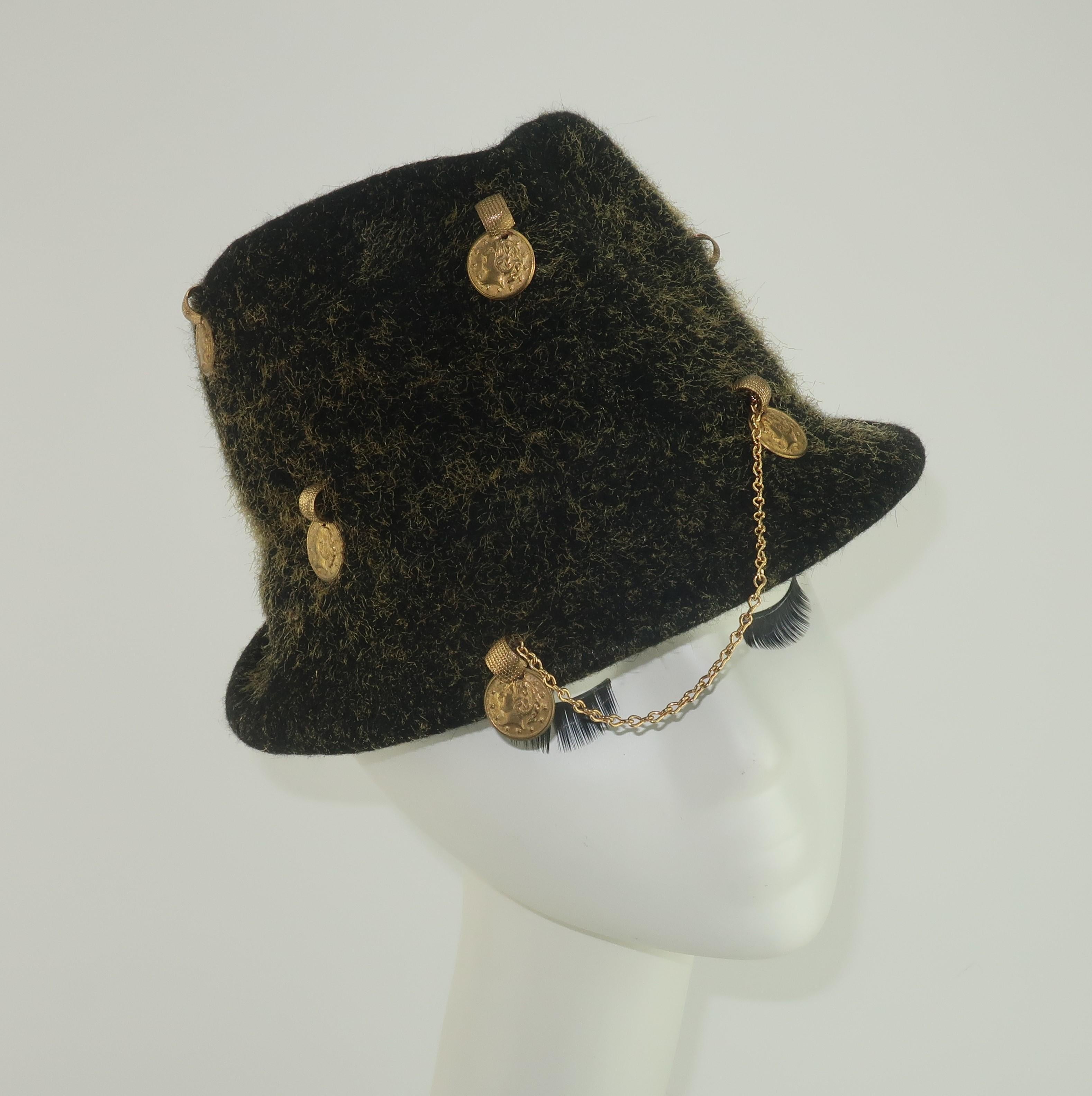 Yves Saint Laurent Charcoal Gray Trilby Hat With Gold Coins, 1960's 2