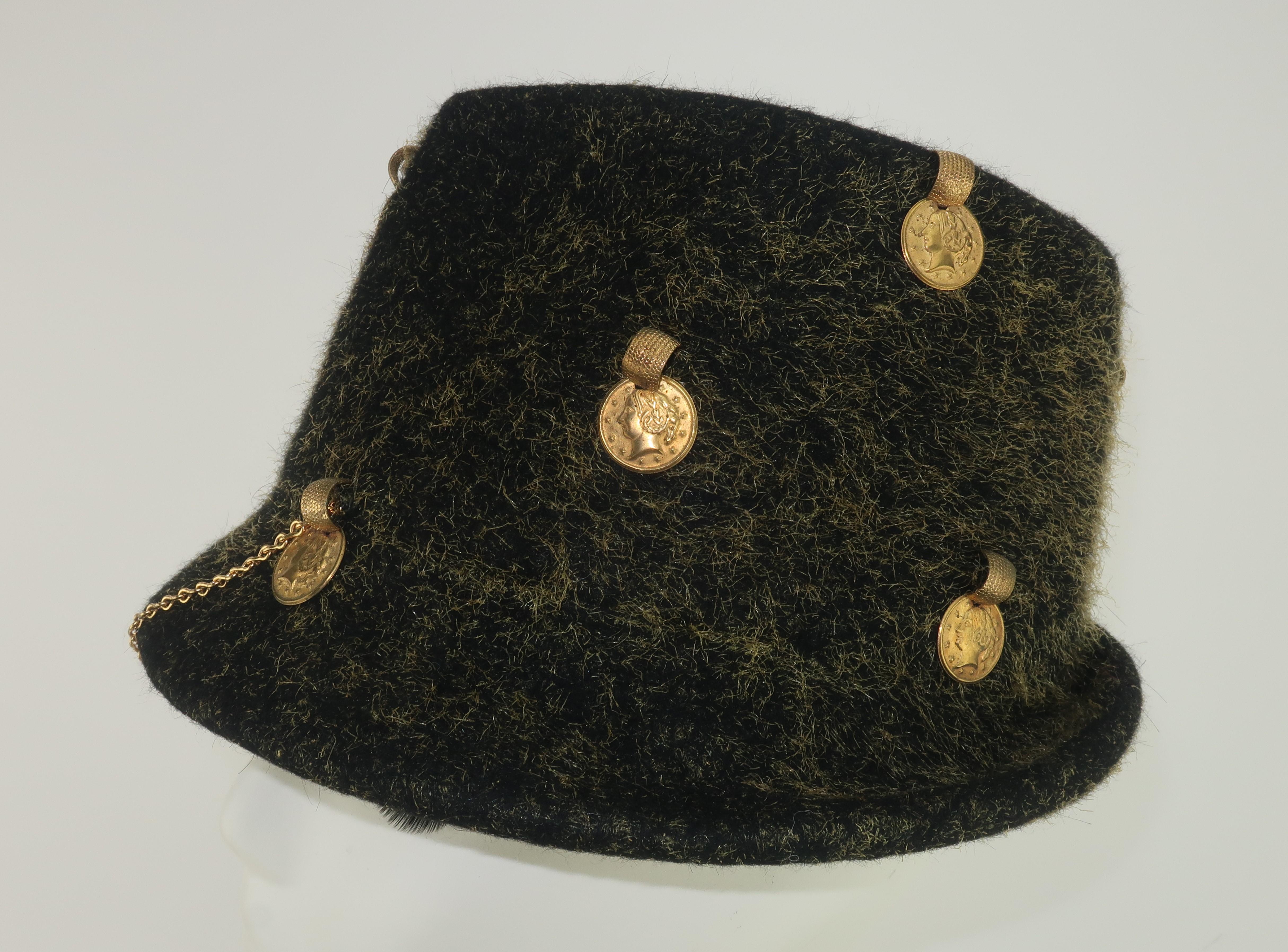 Yves Saint Laurent Charcoal Gray Trilby Hat With Gold Coins, 1960's 4