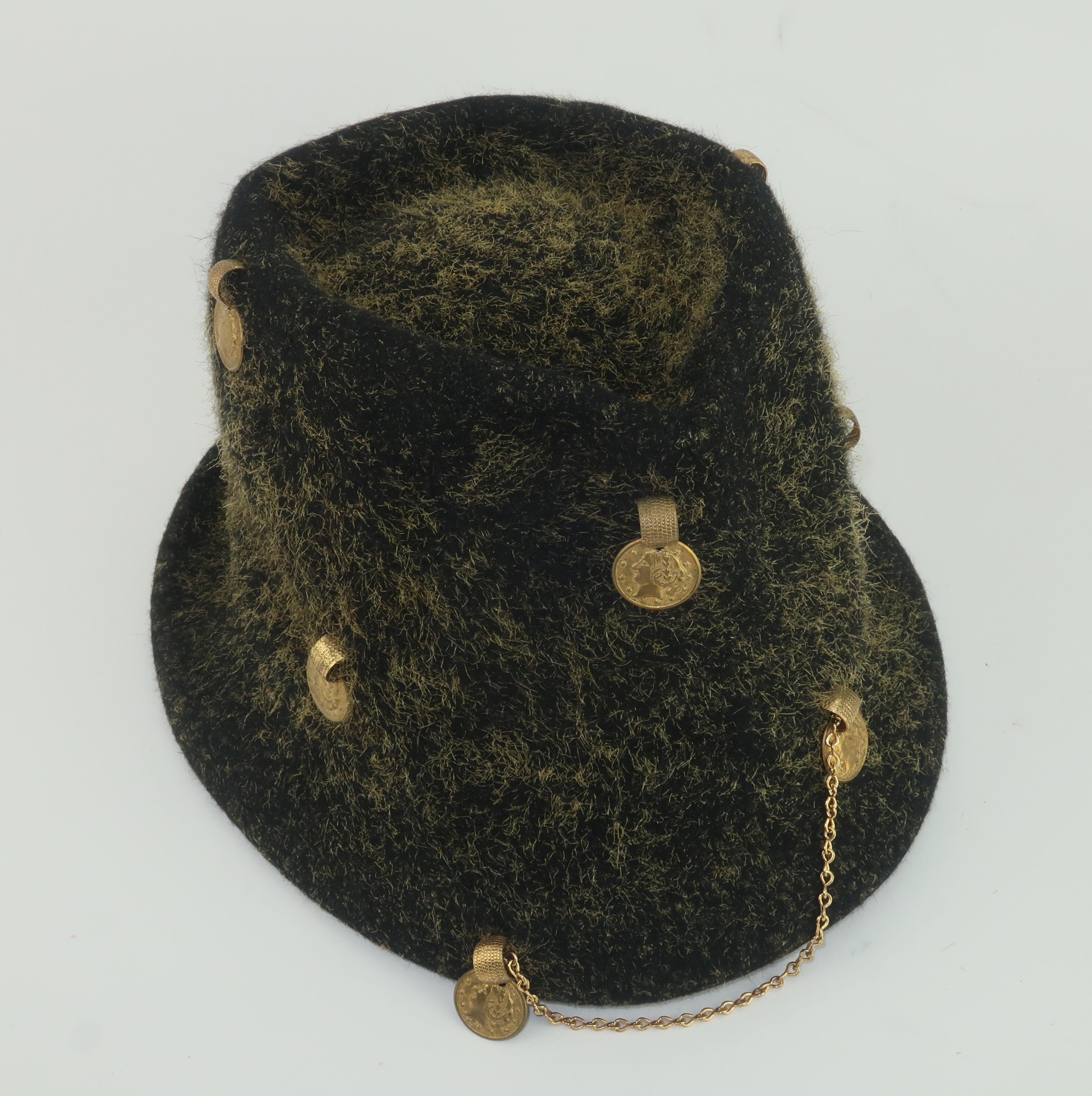 Yves Saint Laurent Charcoal Gray Trilby Hat With Gold Coins, 1960's 5