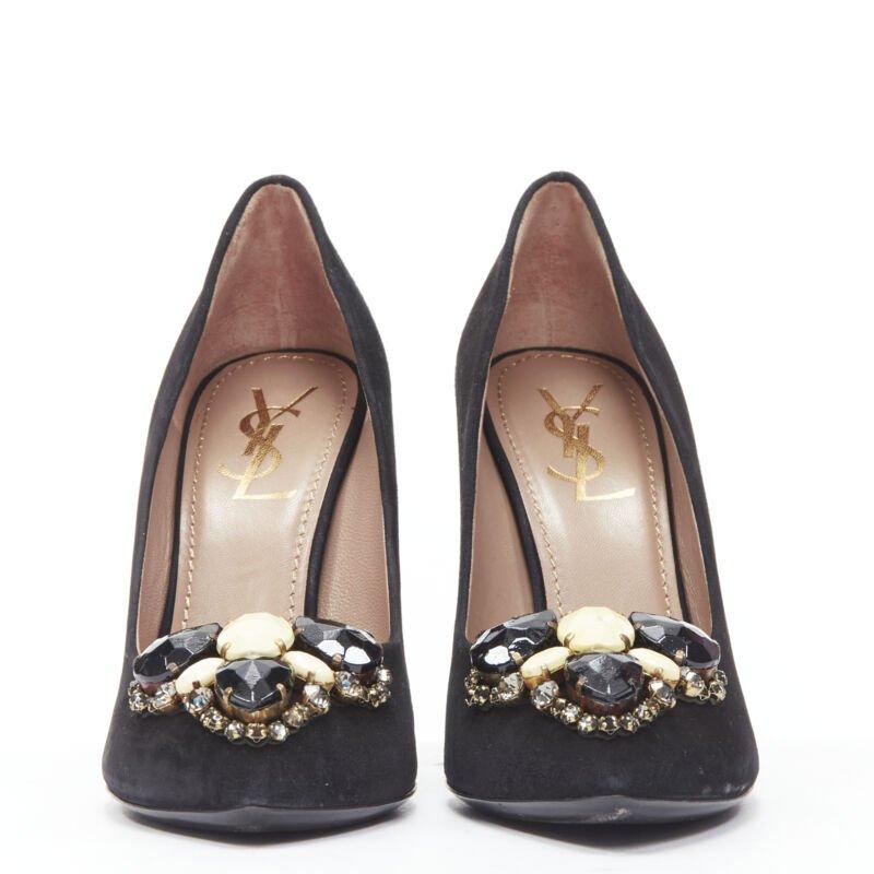 Black YVES SAINT LAURENT Charlie 105 black suede rhinestone jewel heel pump EU37.5 For Sale