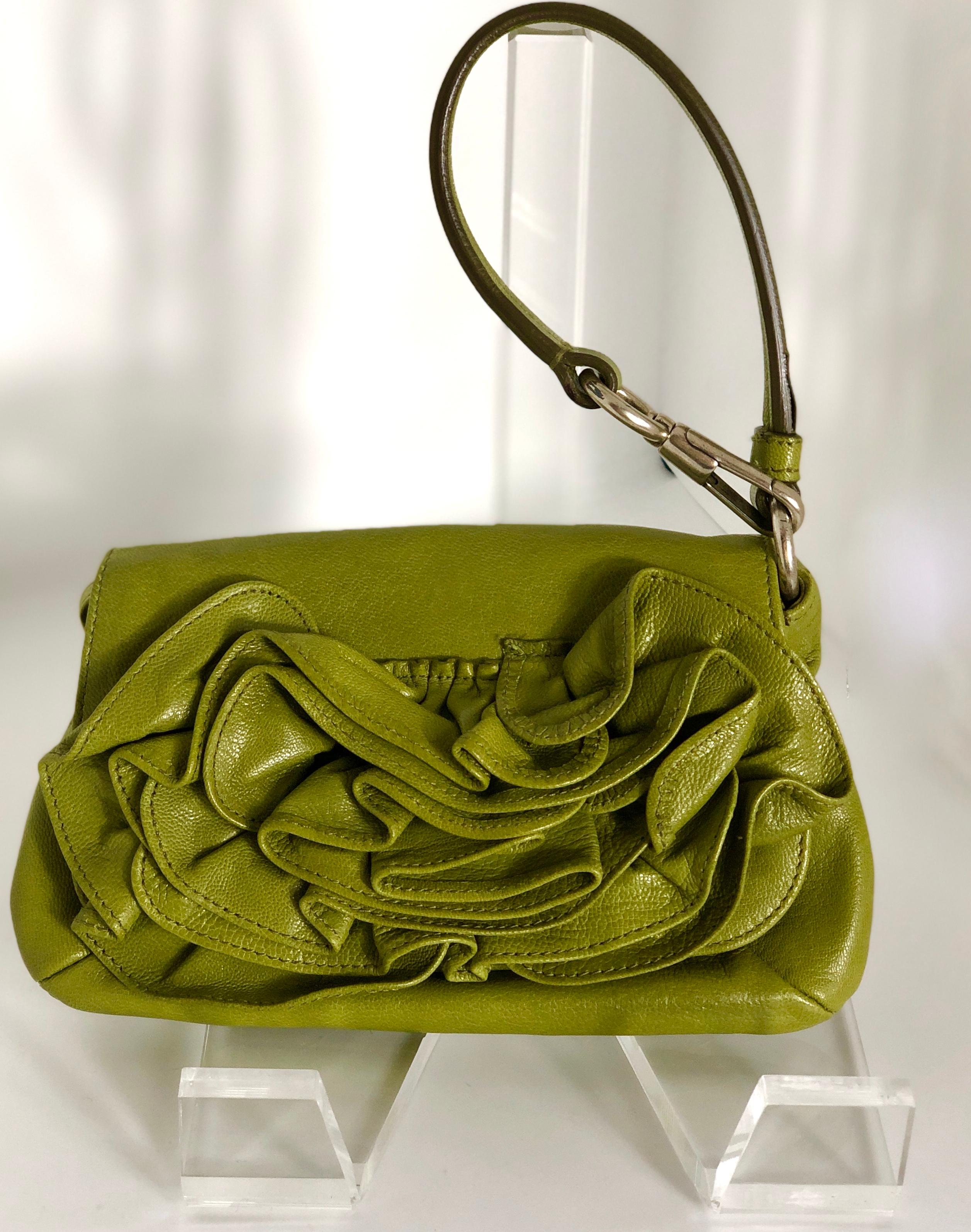 Yves Saint Laurent Chartreuse Green Leather Floral Ruffle Mini Shoulder Bag 4