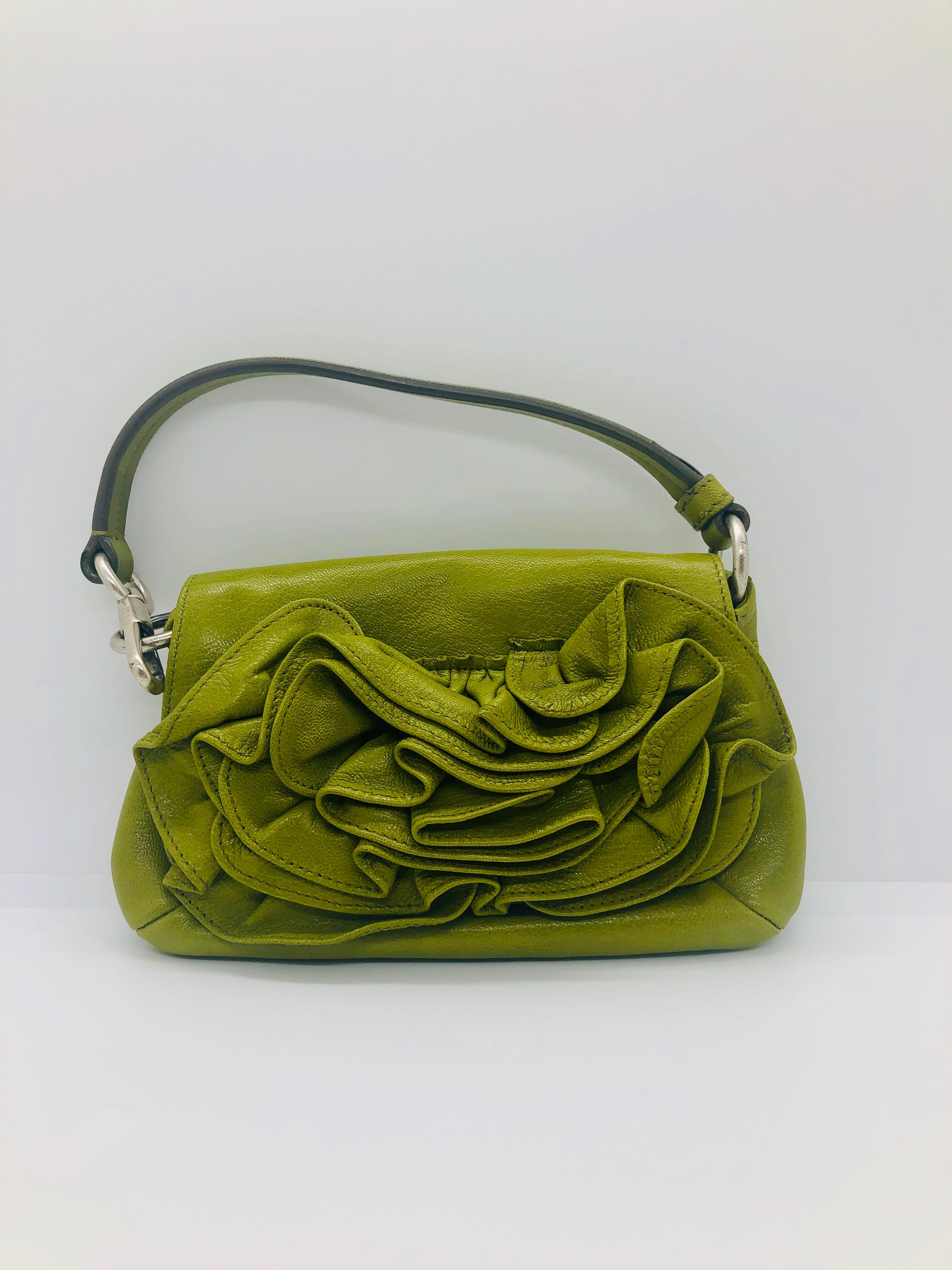 Yves Saint Laurent Chartreuse Green Leather Floral Ruffle Mini Shoulder Bag 7