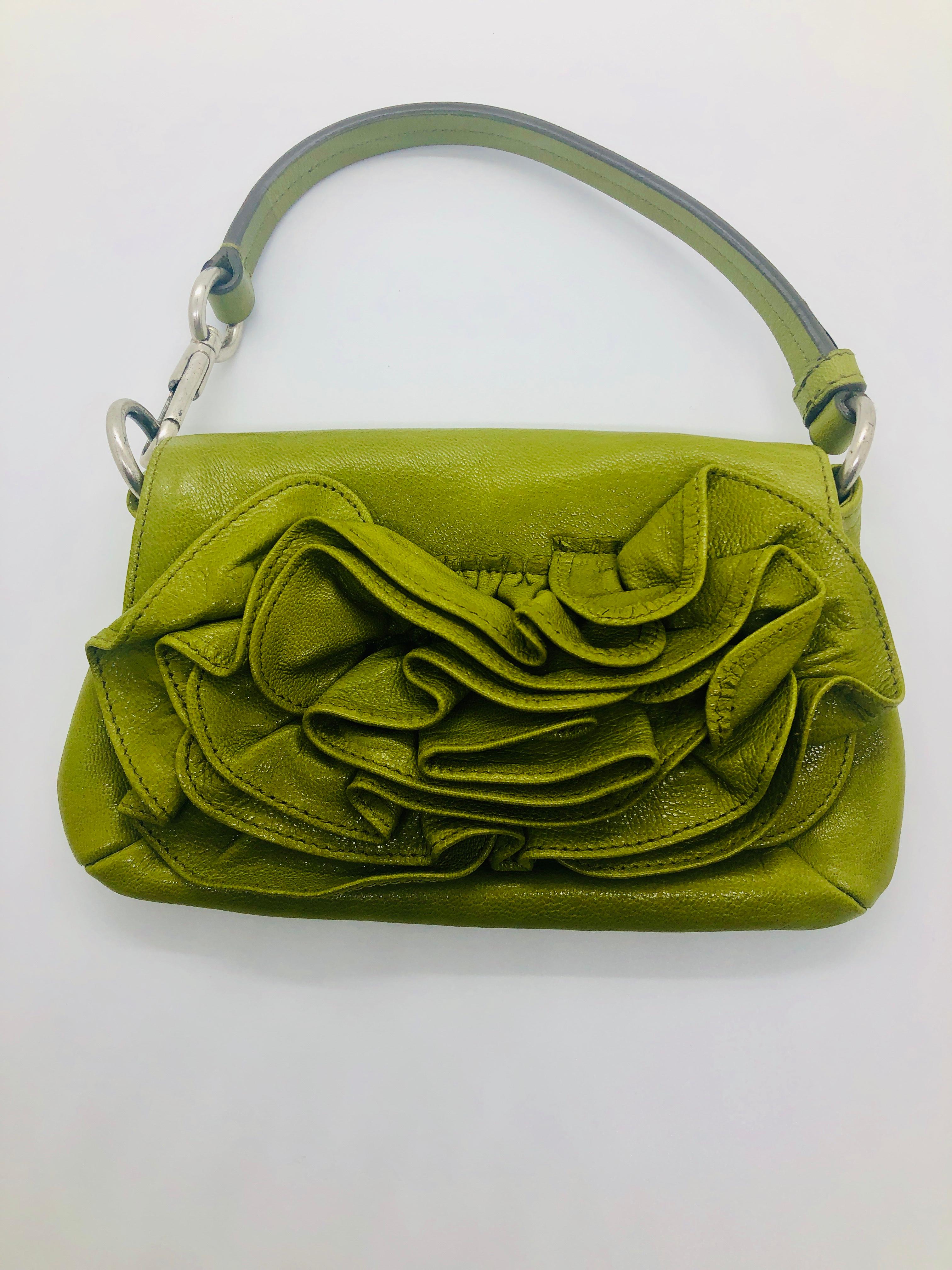 Yves Saint Laurent Chartreuse Green Leather Floral Ruffle Mini Shoulder Bag 8