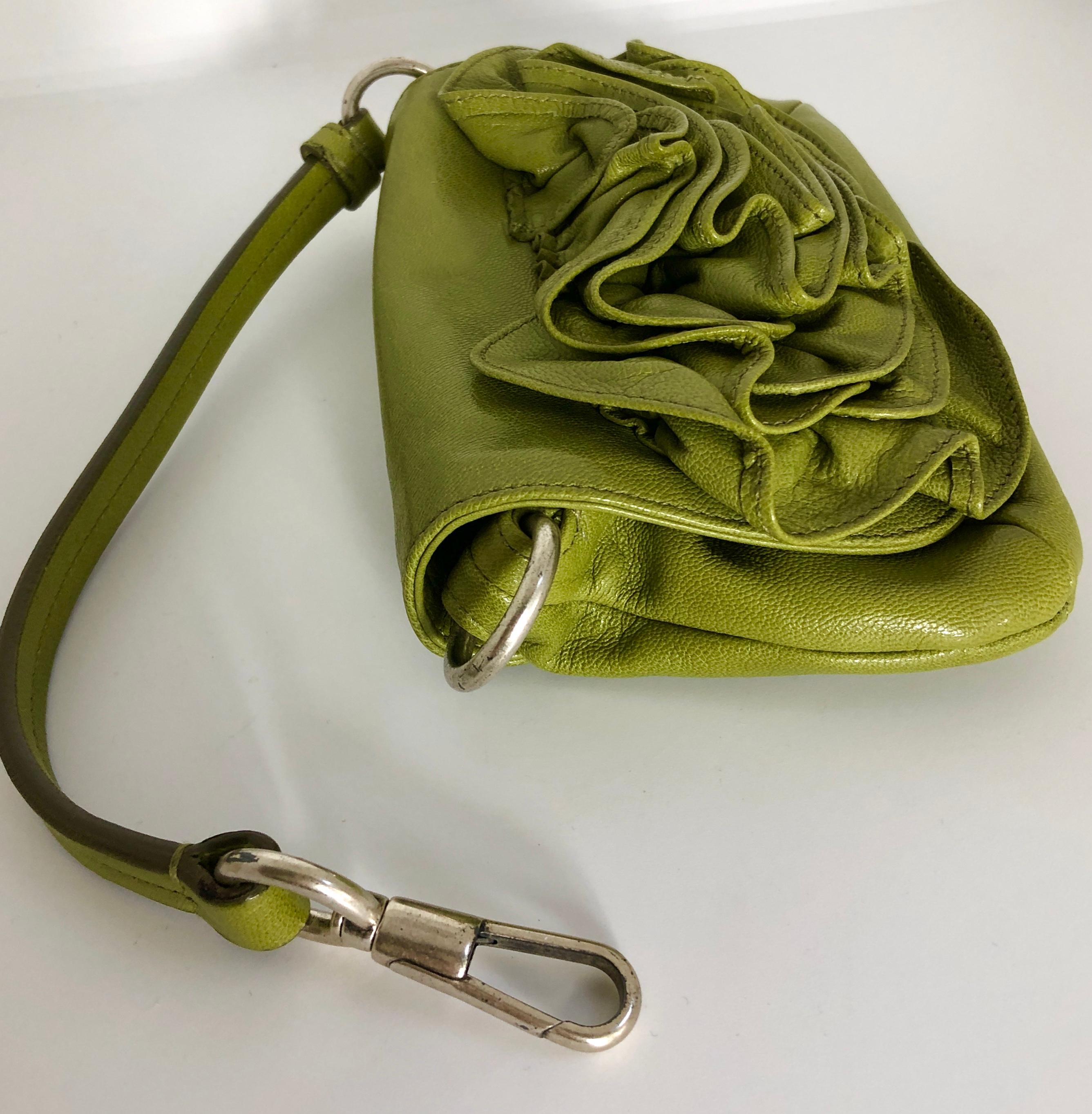 Yves Saint Laurent Chartreuse Green Leather Floral Ruffle Mini Shoulder Bag In Good Condition In Houston, TX