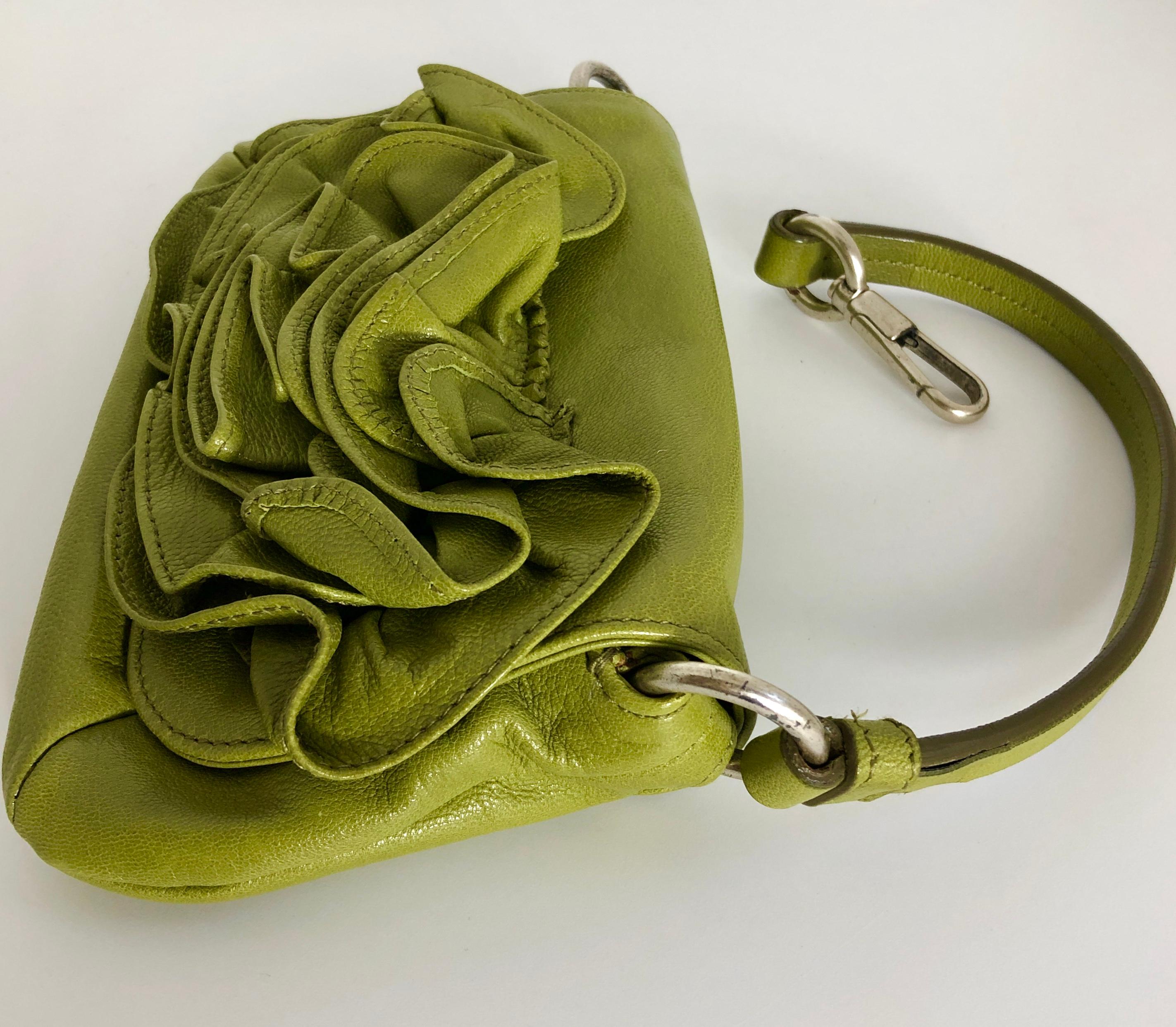 Yves Saint Laurent Chartreuse Green Leather Floral Ruffle Mini Shoulder Bag 1