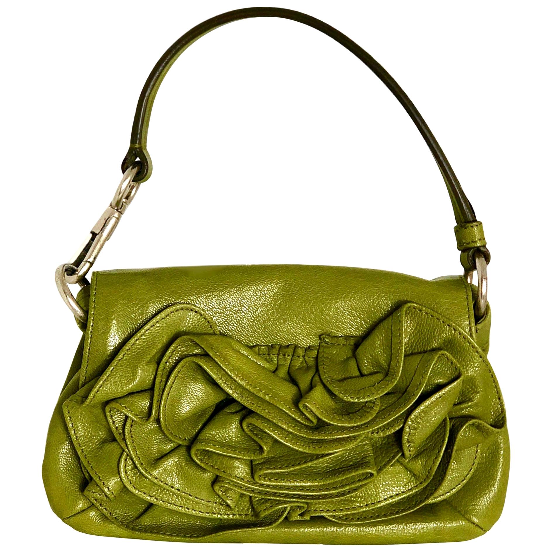 Yves Saint Laurent Chartreuse Green Leather Floral Ruffle Mini Shoulder Bag