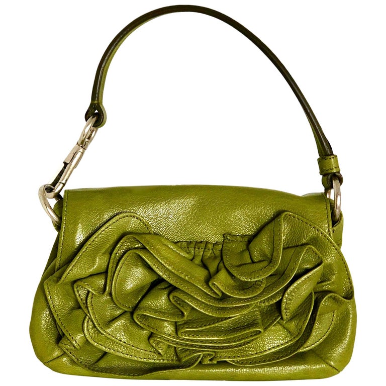 Yves Saint Laurent Chartreuse Green Leather Floral Ruffle Mini Shoulder ...