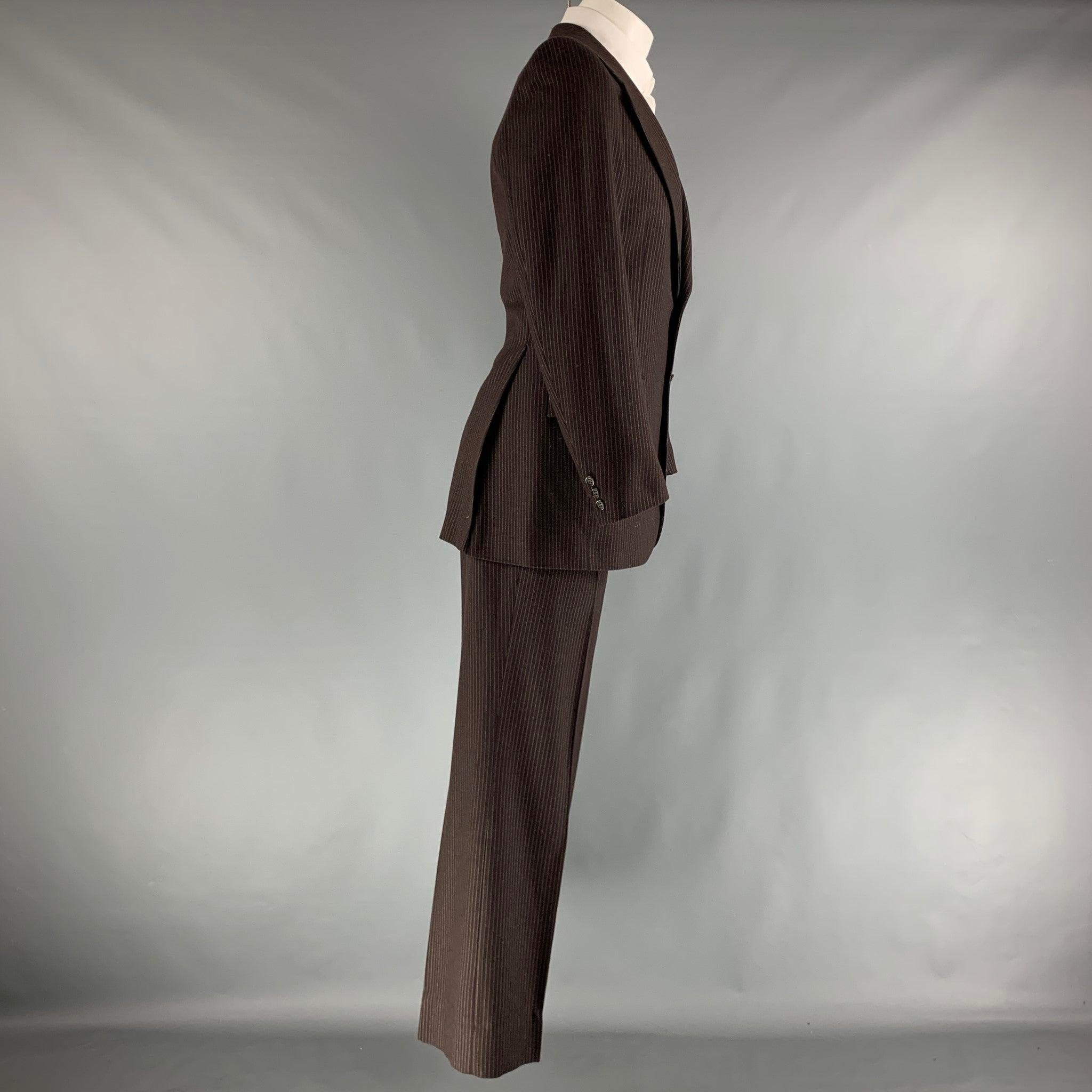 YVES SAINT LAURENT Chest Size 40 Brown White Pinstripe Single breasted 32 Suit In Good Condition For Sale In San Francisco, CA