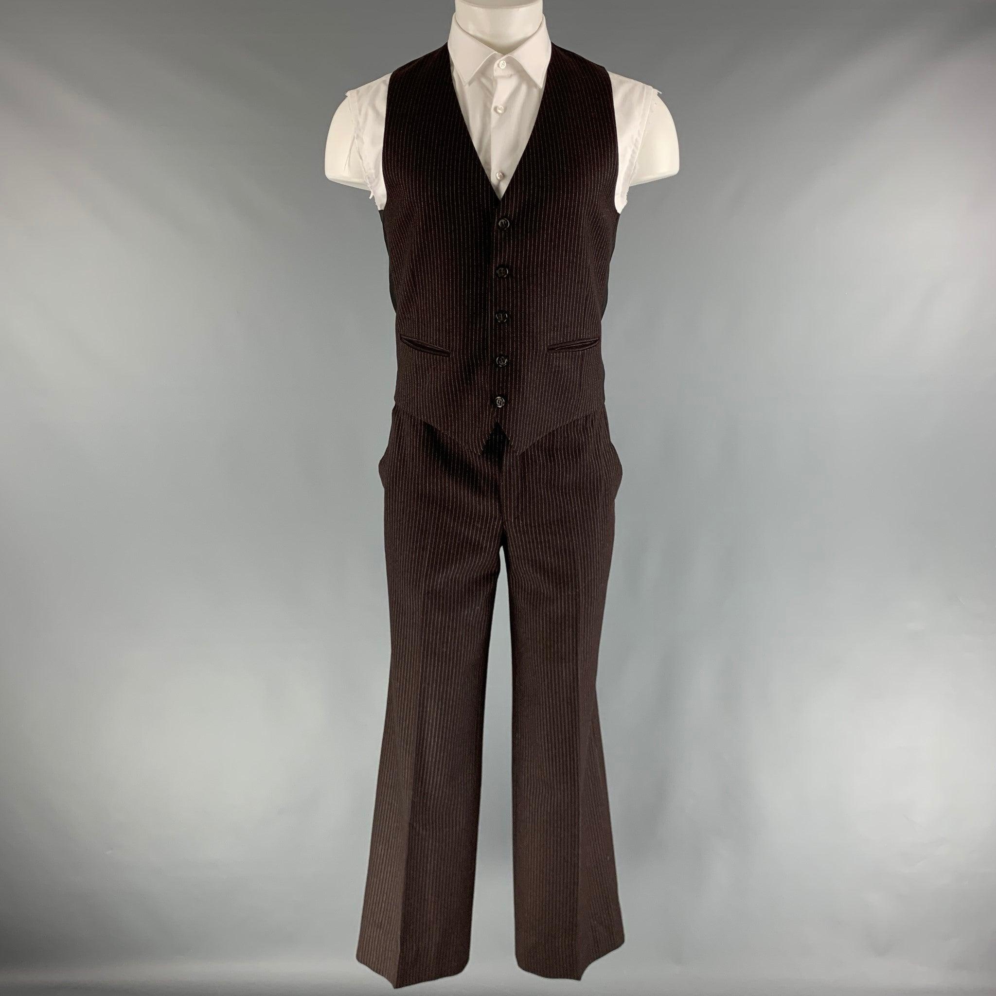 YVES SAINT LAURENT Chest Size 40 Brown White Pinstripe Single breasted 32 Suit For Sale 1