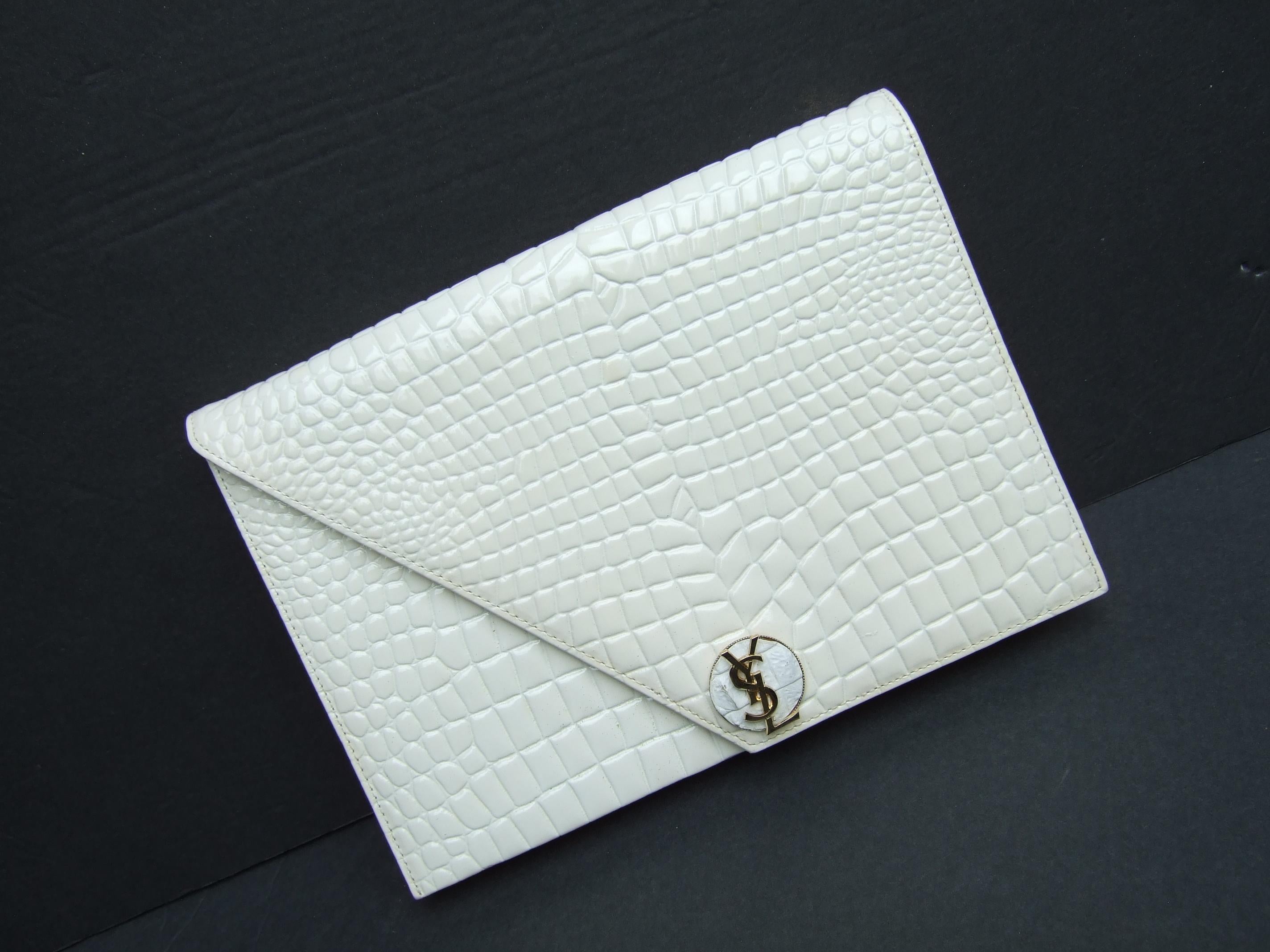 Gray Yves Saint Laurent Chic Embossed Cream Leather Clutch c 1980s