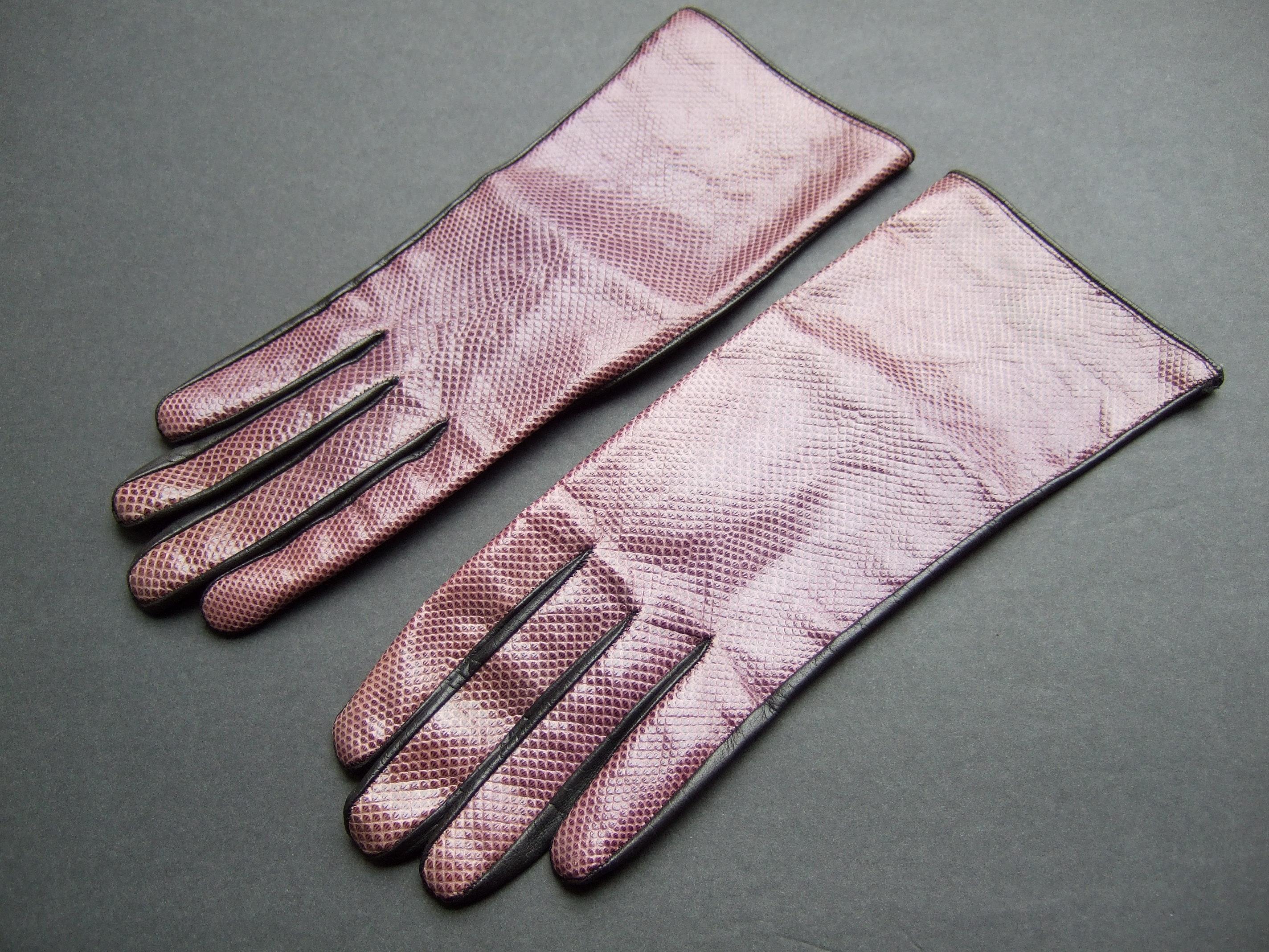 Gray Yves Saint Laurent Chic Embossed Purple Leather Gloves Size 7 c 1980s For Sale