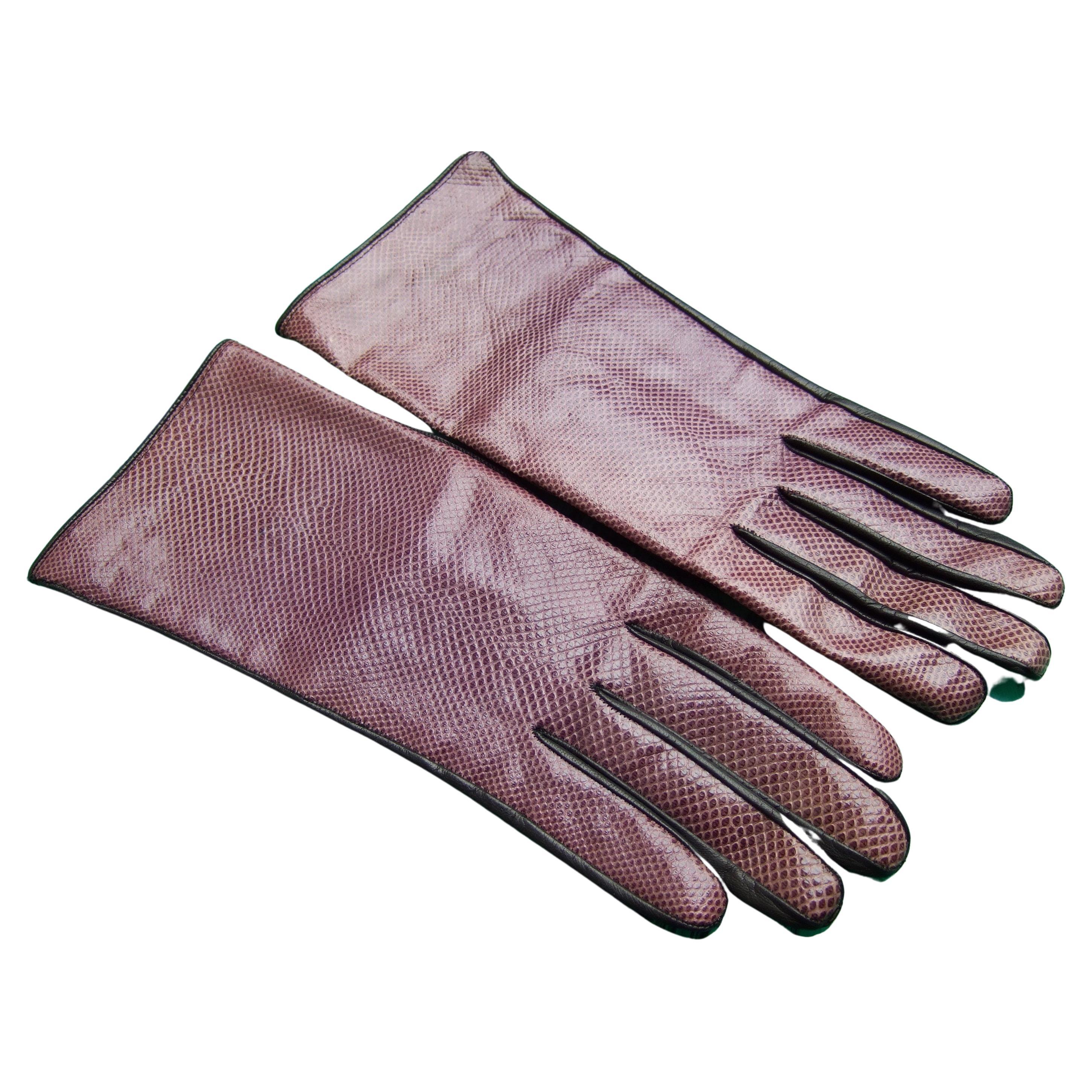 Yves Saint Laurent Chic Embossed Purple Leather Gloves Size 7 c 1980s For Sale