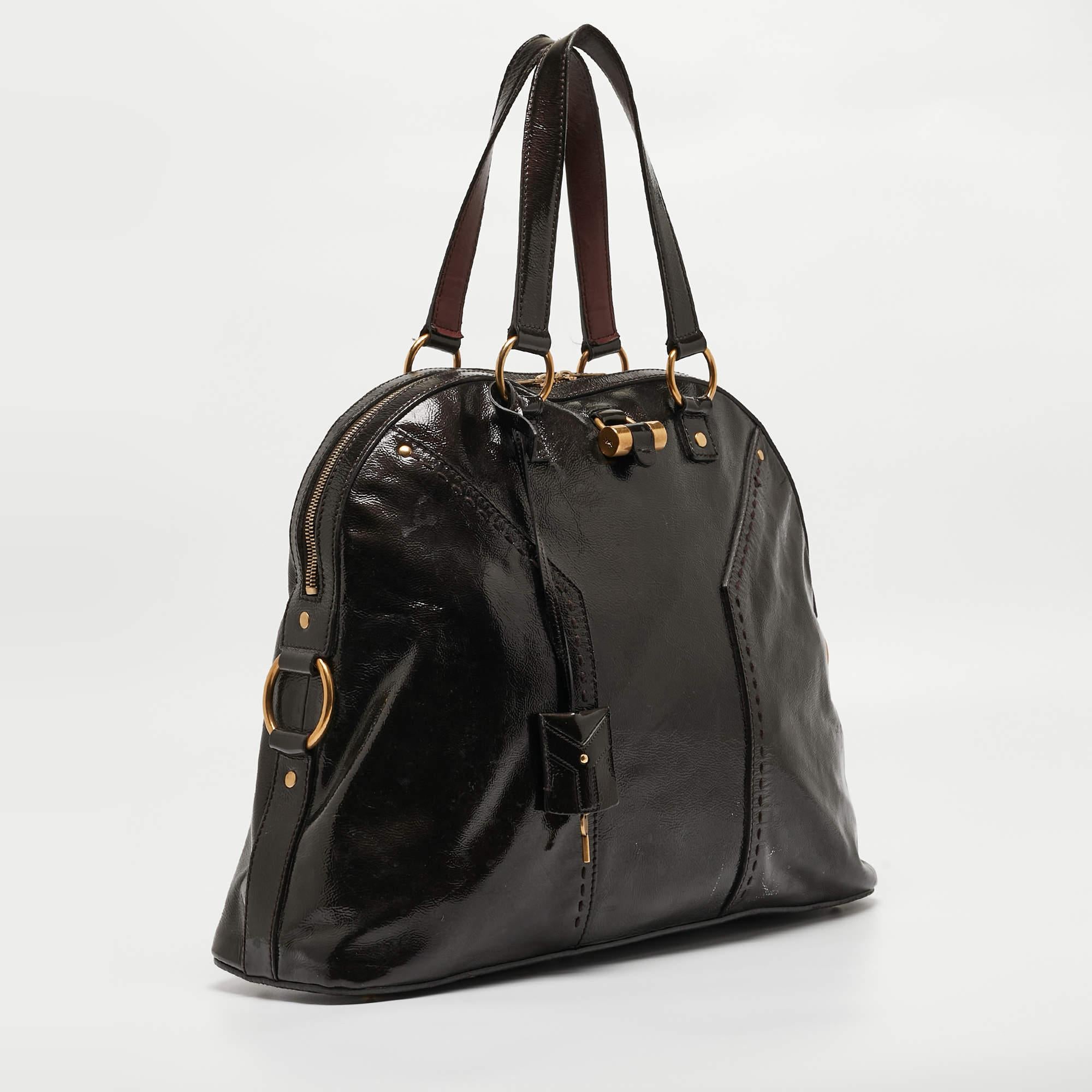 Black Yves Saint Laurent Choco Brown Patent Leather Oversized Muse Bag For Sale