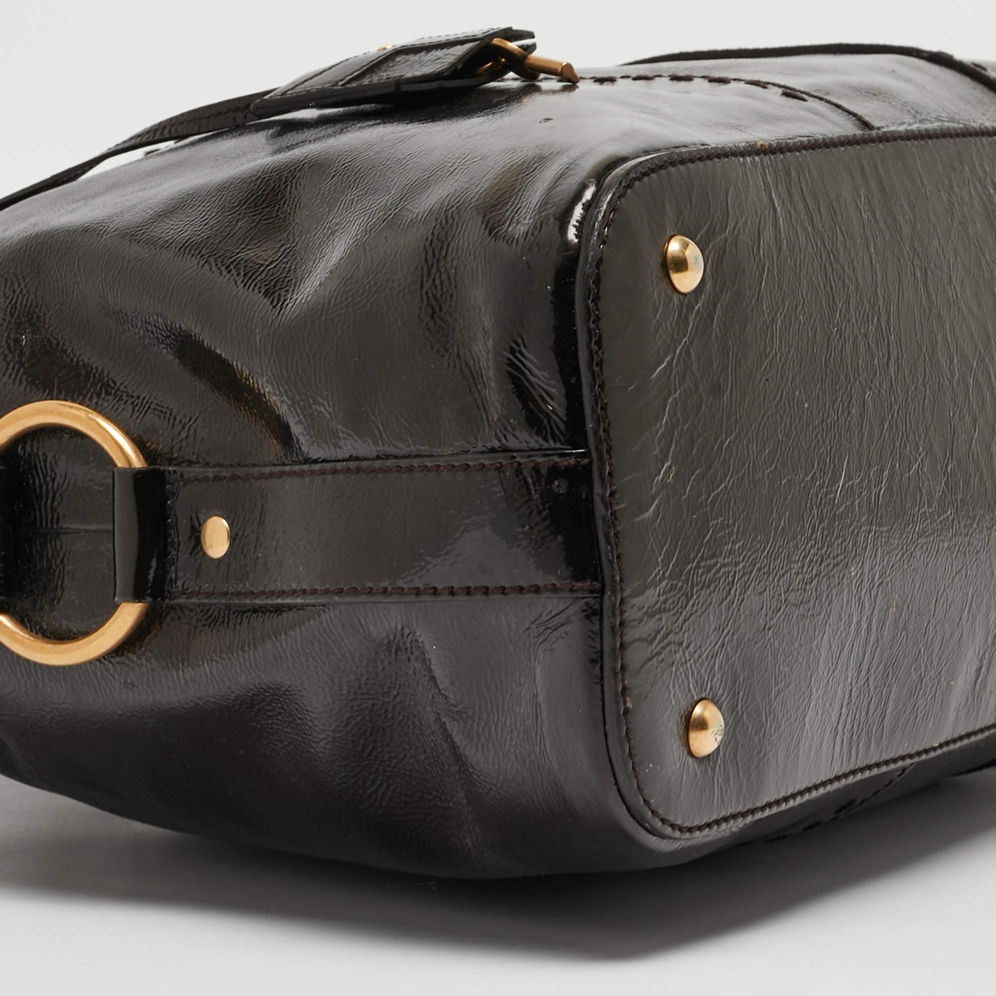 Yves Saint Laurent Choco Brown Patent Leather Oversized Muse Bag For Sale 3