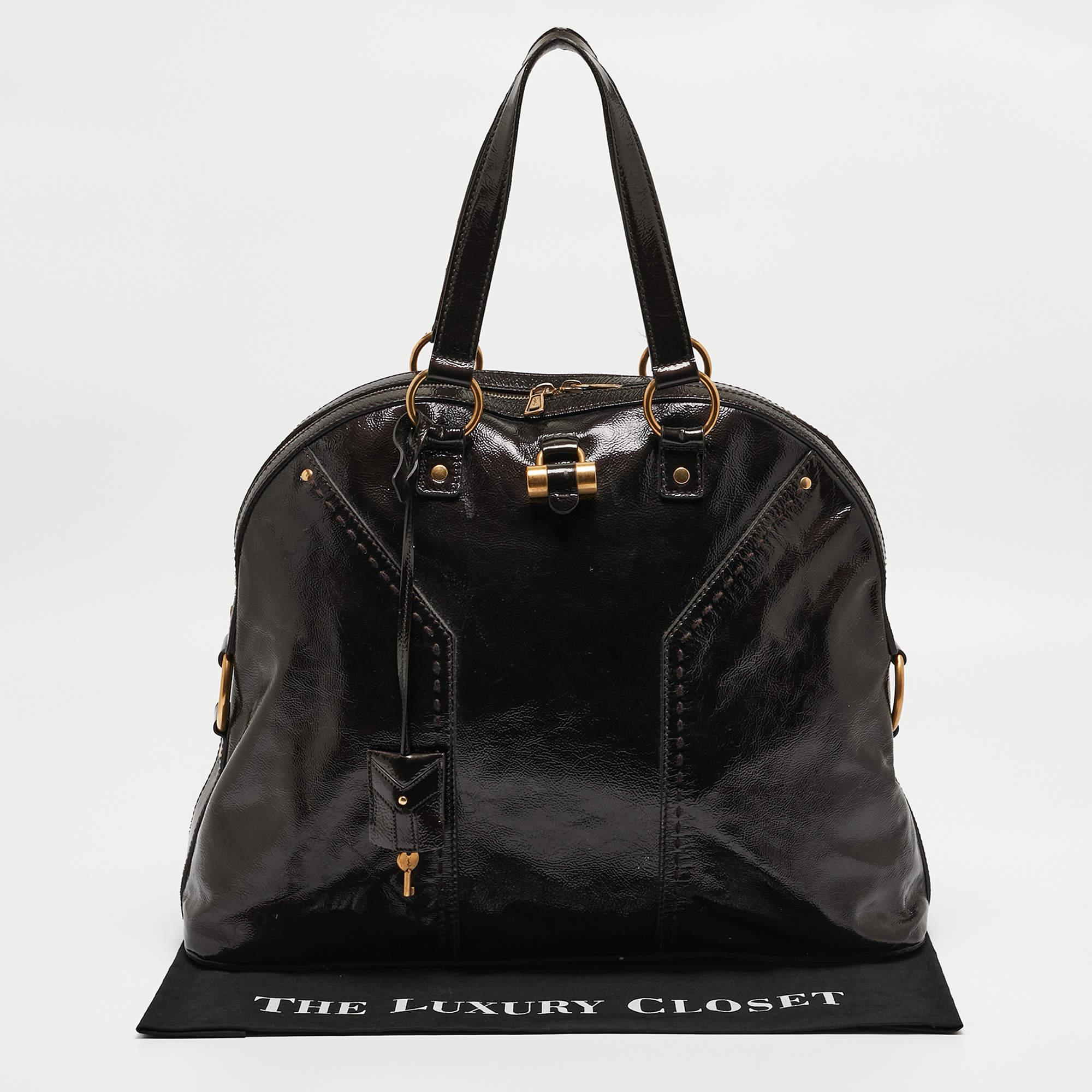 Yves Saint Laurent Choco Brown Patent Leather Oversized Muse Bag For Sale 4