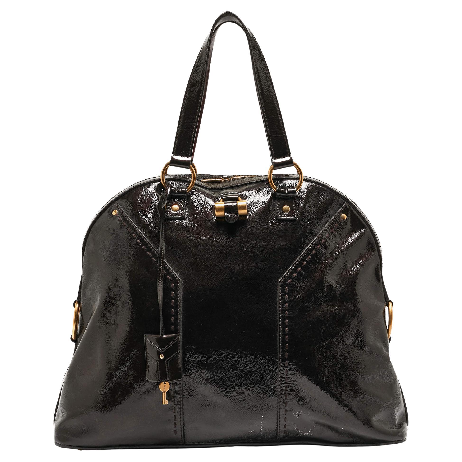 Yves Saint Laurent Choco Brown Patent Leather Oversized Muse Bag For Sale