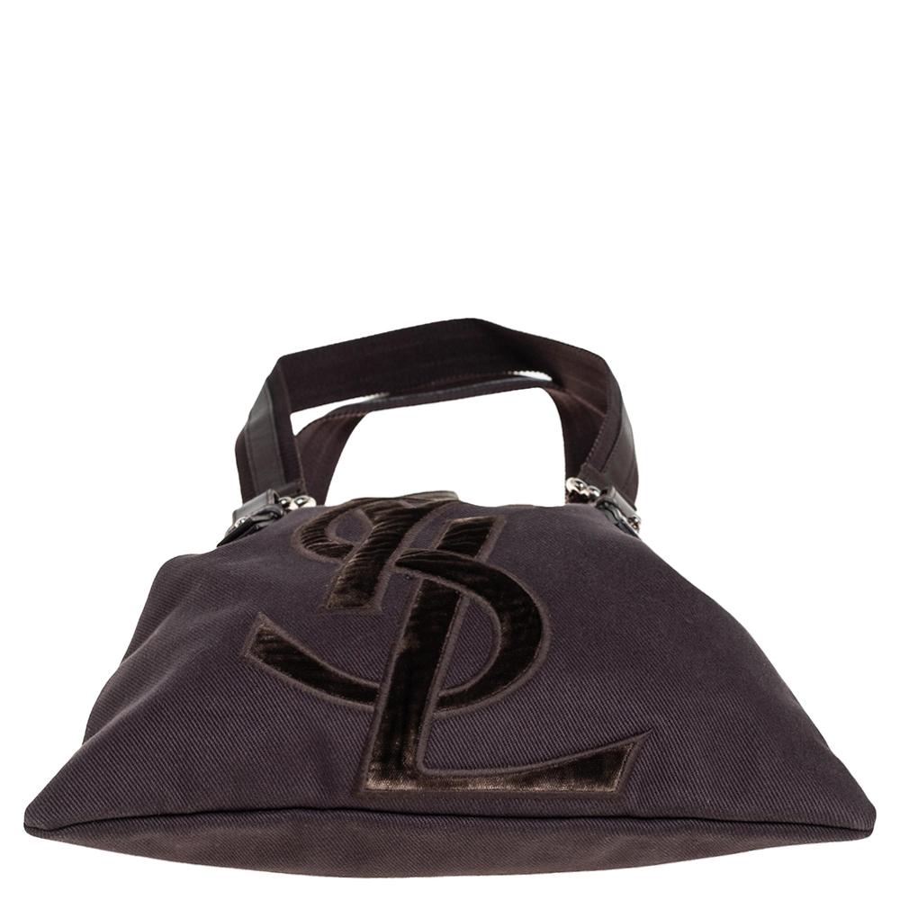 Yves Saint Laurent Chocolate Brown Canvas and Velvet Kahala Drawstring Tote In Good Condition In Dubai, Al Qouz 2