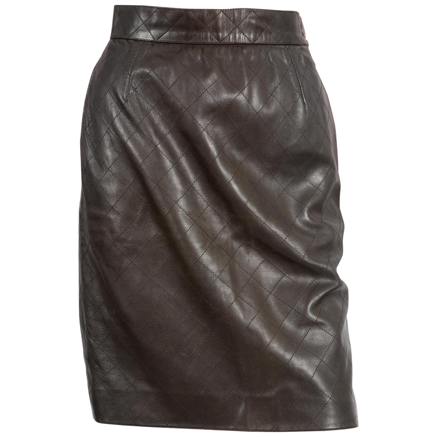 Yves Saint Laurent Chocolate Lamb Leather Quilted Pencil Skirt