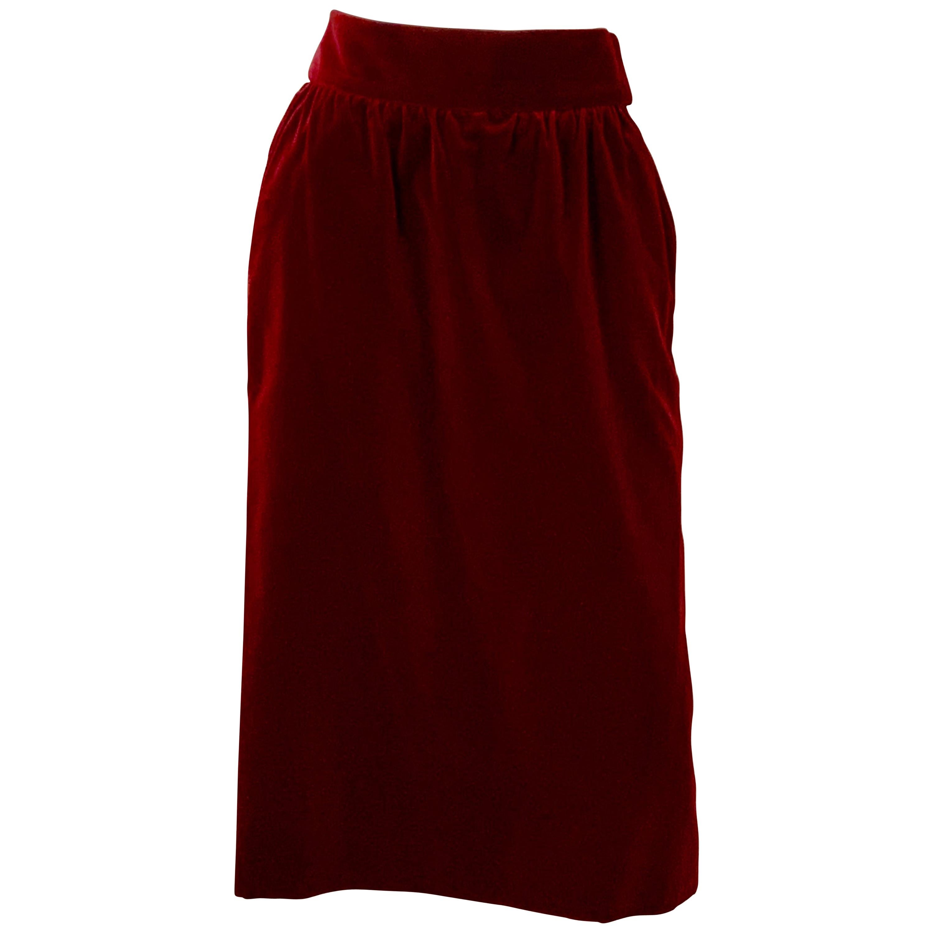 Yves Saint Laurent Claret Velvet Straight Skirt with High Waistband For Sale
