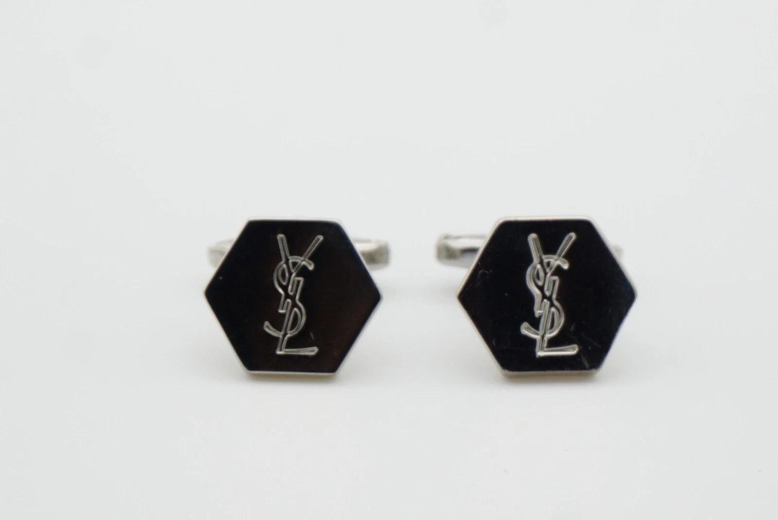 Yves Saint Laurent Classic Logo Hallmark Monogramm YSL Sechseck Silber Manschettenknöpfe im Angebot 7