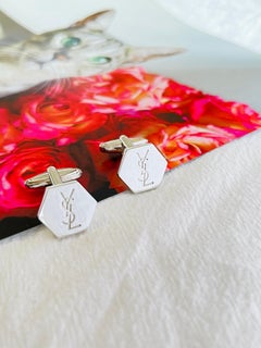 Yves Saint Laurent Classic Logo Hallmark Monogram YSL Hexagon Silver Cufflinks