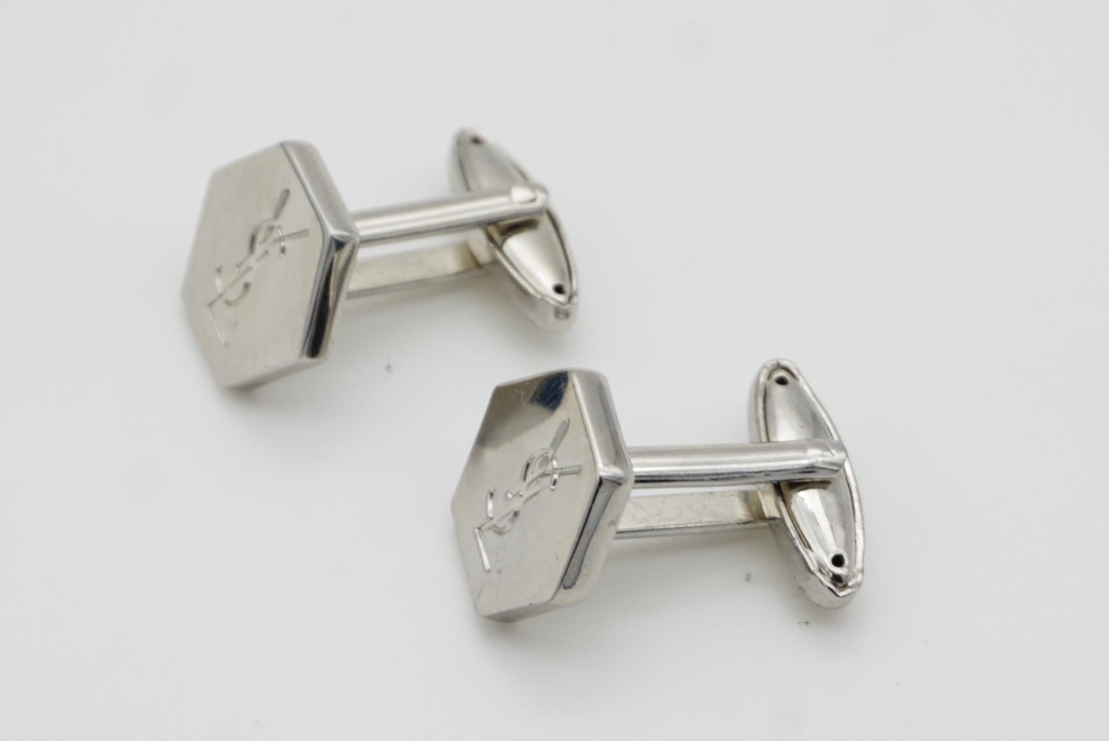 Yves Saint Laurent Classic Logo Hallmark Monogramm YSL Sechseck Silber Manschettenknöpfe im Angebot 2
