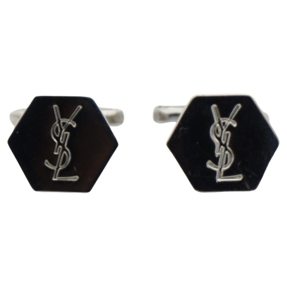 Yves Saint Laurent Classic Logo Hallmark Monogram YSL Hexagon Silver Cufflinks  For Sale