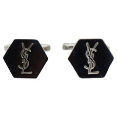 Yves Saint Laurent Classic Logo Hallmark Monogram YSL Hexagon Silver Cufflinks 