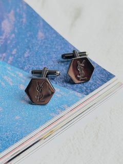 Yves Saint Laurent Classic Logo Hallmark YSL Hexagon Black Silver Cufflinks